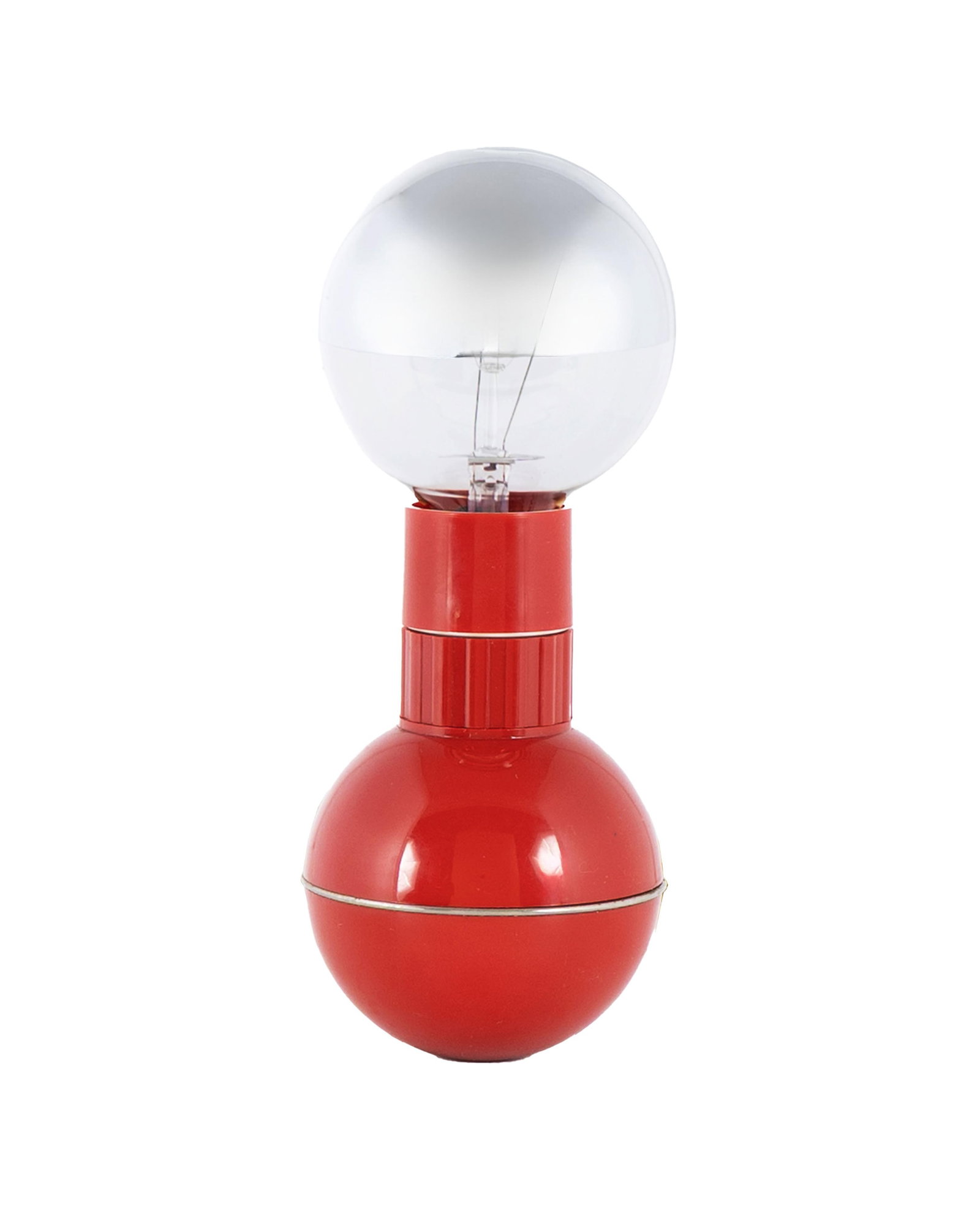 ENZO MARI FOR DANESE MILANO DUMBBELL LAMP: ENZO MARI FOR DANESE MILANO DUMBBELL LAMP Circa 1960. Red rounded base with infinite dimmer on fluted column and original double filament half dipped chrome dimmable bulb. 9 1/4 x 3 3/4 in. (23.5 x