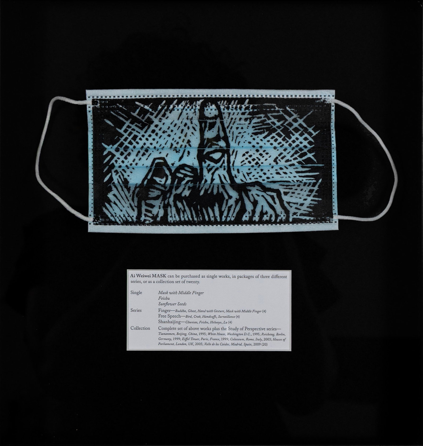 AI WEIWEI (CHINESE, B. 1957): Ai Weiwei Chinese, b. 1957 Mask Screenprint on polypropylene fabric From an edition of unknown size. Housed in a shadowbox frame with original purchase paperwork. Frame: 13 x 12 3/4 x 1 3/4 in. (33 x 