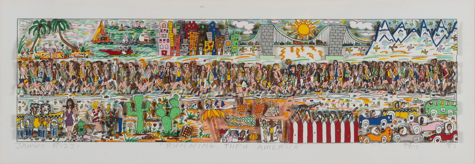 JAMES RIZZI (AMERICAN, 1950-2011): James Rizzi American, 1950-2011 Running Thru America Three-dimensional screenprint Signed, titled, numbered 94/175, and dated '87. Marathon runners surrounded by various scenes in collage form, matted