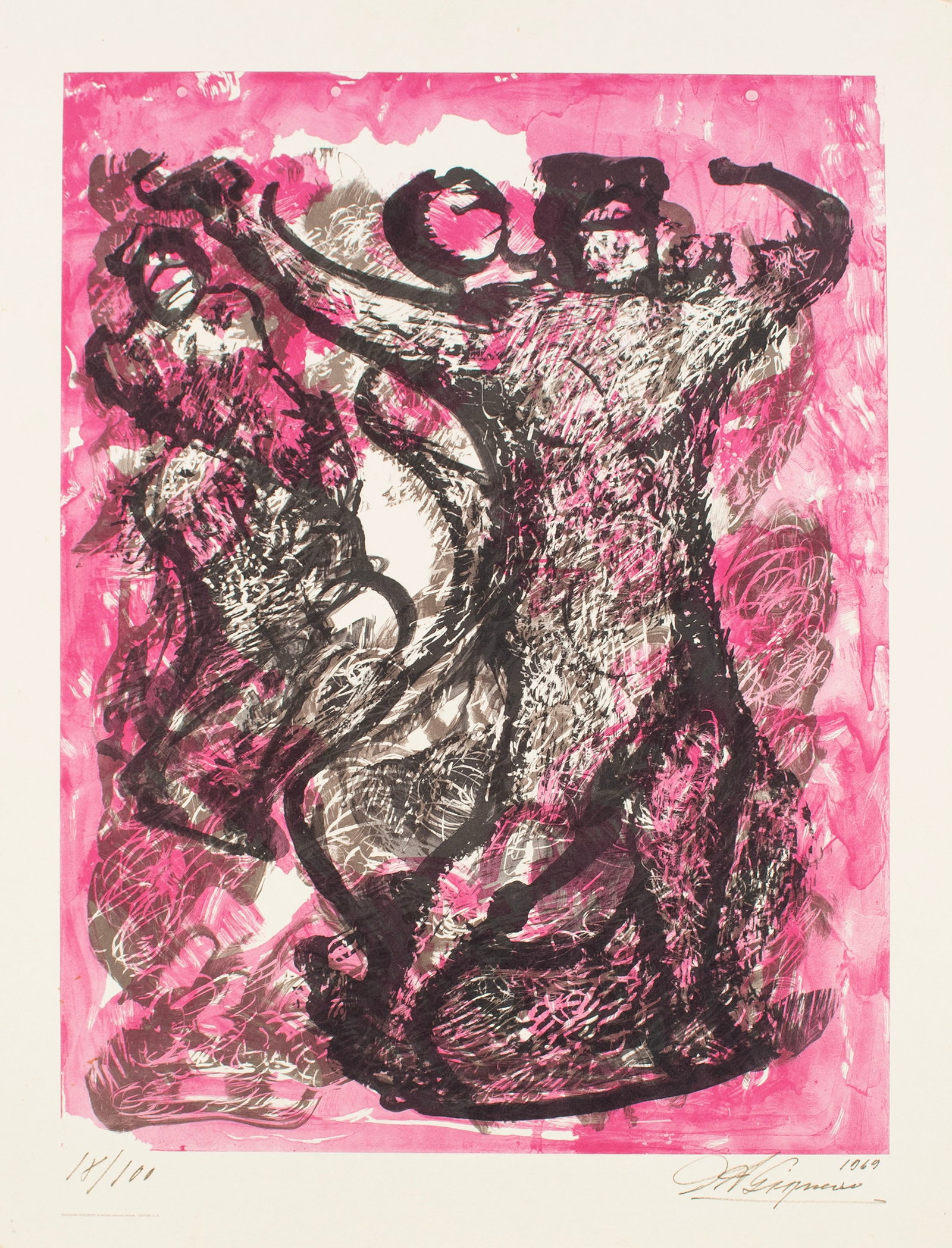 DAVID ALFARO SIQUEIROS (MEXICAN, 1896-1974): David Alfaro Siqueiros Mexican, 1896-1974 El Amante Color lithograph Signed lower right and numbered 18/100 lower left. Dancing figures against a pink background, unframed. Sheet: 26 x 20 in. (66 x 50