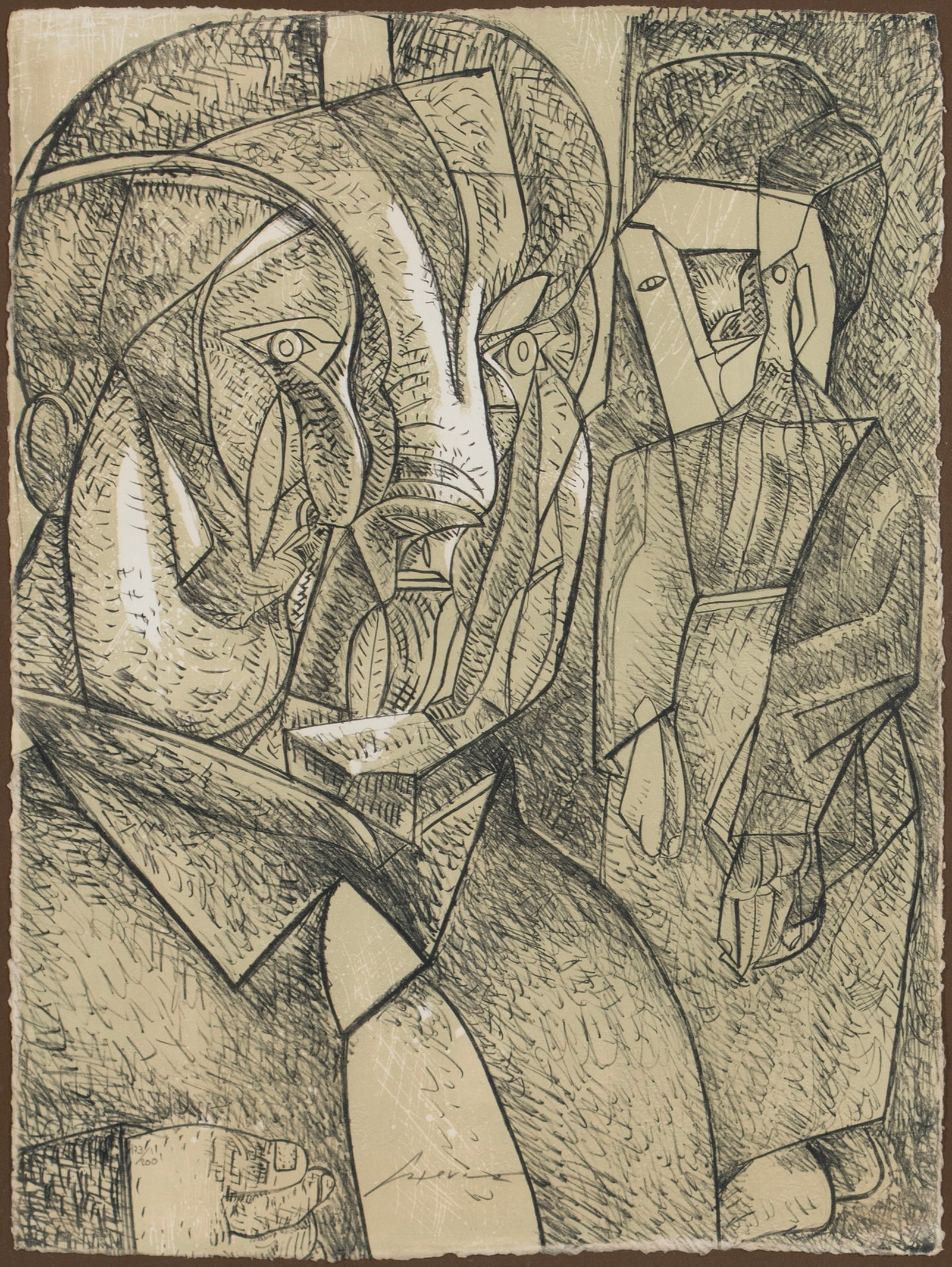 JOSE LUIS CUEVAS (MEXICAN, 1934-2017): Jose Luis Cuevas Mexican, 1934-2017 Lithograph Signed lower center and numbered 173/200. Two abstracted figures, framed. Sheet: 32 x 23 3/4 in. (81.3 x 60.3 cm.), Frame: 38 1/2 x 30 1/2 in. (97.8 x 77