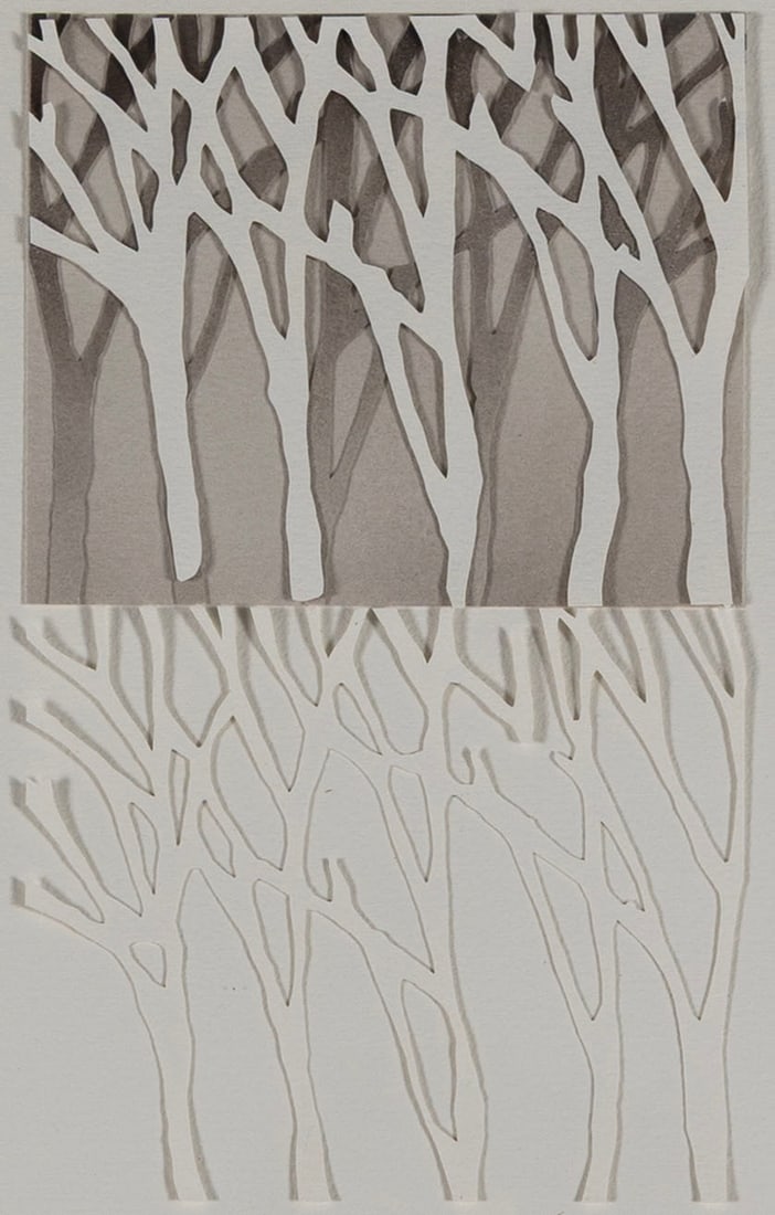 SARAH RUSSELL (AMERICAN (ST. LOUIS), 20TH C.): Sarah Russell American (St. Louis), 20th c. Cut paper Signed in pencil lower right. Silhouettes of trees, framed. Image: 10 x 6 in. (25.4 x 15.2 cm.), Frame: 19 x 15 in. (48.3 x 38.1 cm.) The Collecti