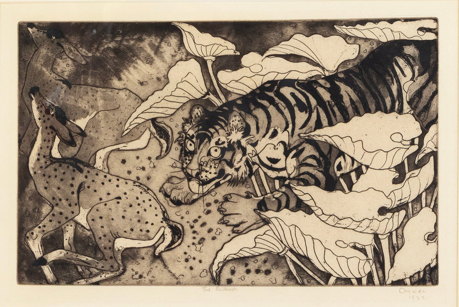 OROVIDA CAMILLE PISSARRO (BRITISH, 1893-1968): Orovida Camille Pissarro British, 1893-1968 The Ambush Etching Signed, titled, and dated 1939 in pencil to lower margin. Hunt scene with a tiger and deer, matted and framed. Plate: 6 3/4 x 10 3/4 in.