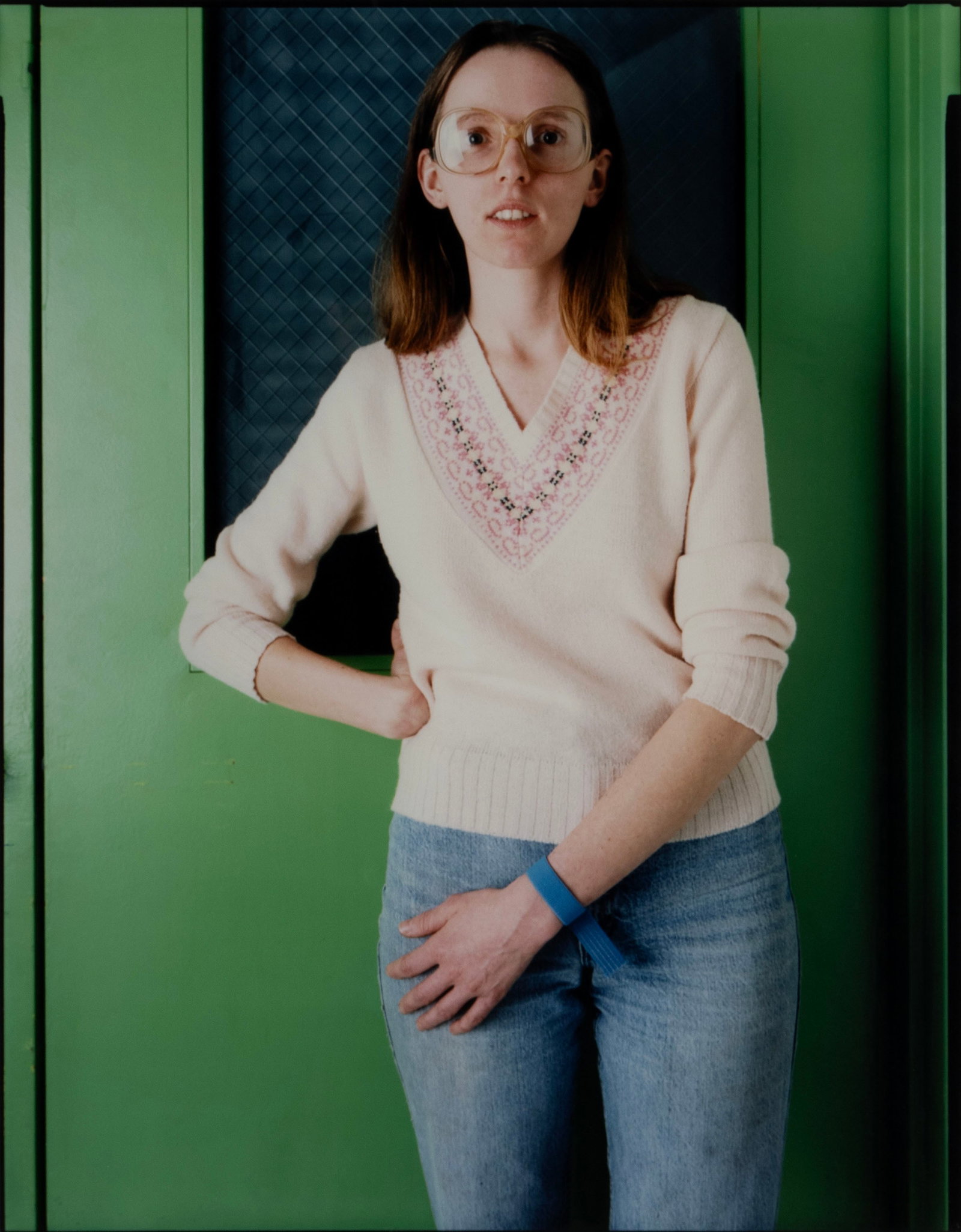 BRUCE WRIGHTON (AMERICAN, 1950-1988): Bruce Wrighton American, 1950-1988 Woman with Glasses in Sweater, 1988 Chromogenic print Estate stamp on verso, #1/20, 2008. Portrait from 'Binghamton Street People' series, matted and framed with Lau
