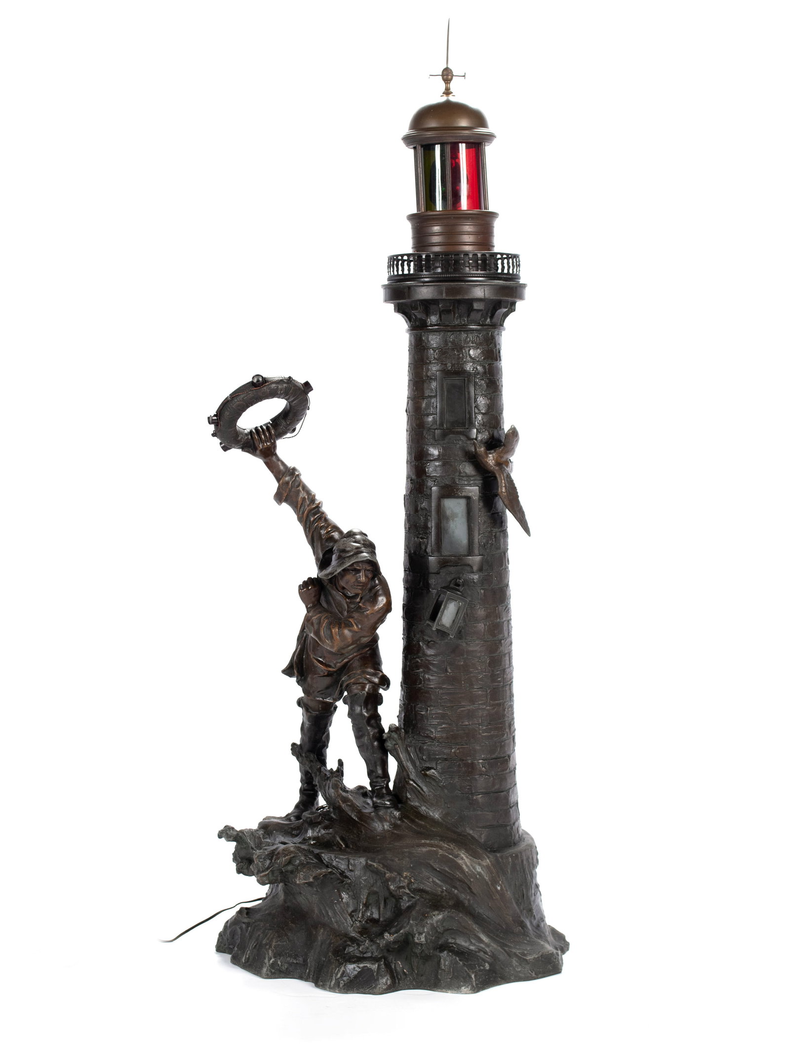 SCULPTURAL LIGHTHOUSE LAMP BY ALFRED JEAN FORETAY (FRENCH, 1861-1944): SCULPTURAL LIGHTHOUSE LAMP BY ALFRED JEAN FORETAY (FRENCH, 1861-1944) French, 20th century, signed in cast on rear of base. Patinated metal lamp in the form of a lighthouse with the keeper throwing a 