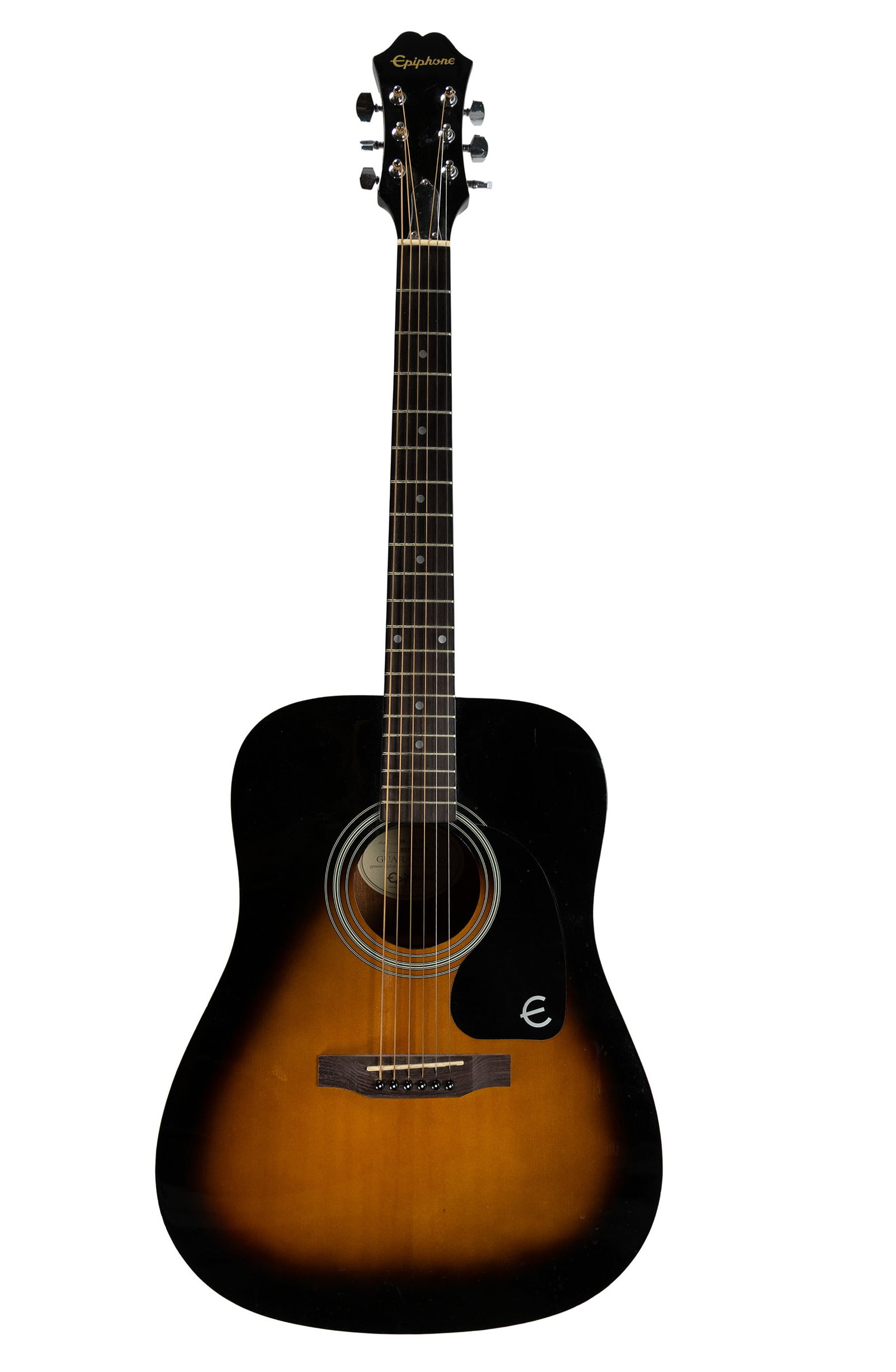 EPIPHONE DR-100 VS ACOUSTIC GUITAR: EPIPHONE DR-100 VS ACOUSTIC GUITAR 21st Century, sunburst dreadnaught having Spruce top with Mahogany back and sides. 42 x 16 x 4 1/4 in. (106.7 x 40.6 x 10.8 cm.)