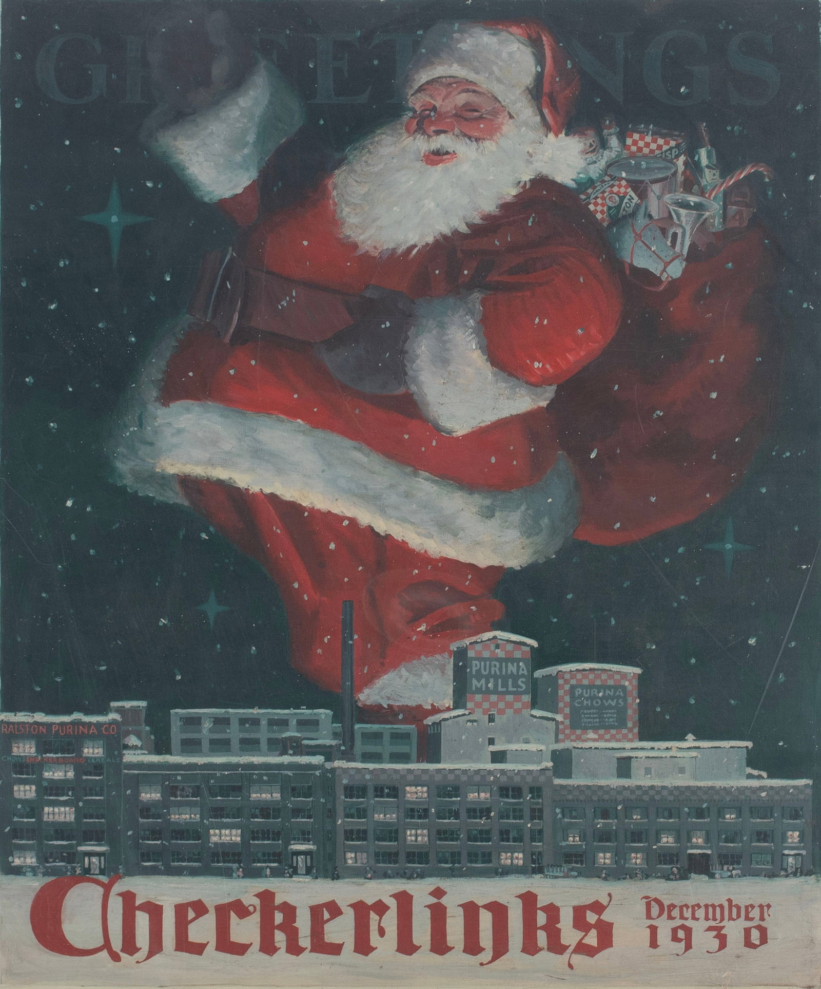 CLARENCE CALHOUN FAWCETT (AMERICAN, 1902-1988): Clarence Calhoun Fawcett American, 1902-1988 Checkerlinks Oil on canvas Initialed lower right. Giant figure of Santa Claus standing behind the "Ralston Purina Co. - Purina Mills - Purina Chows" factor