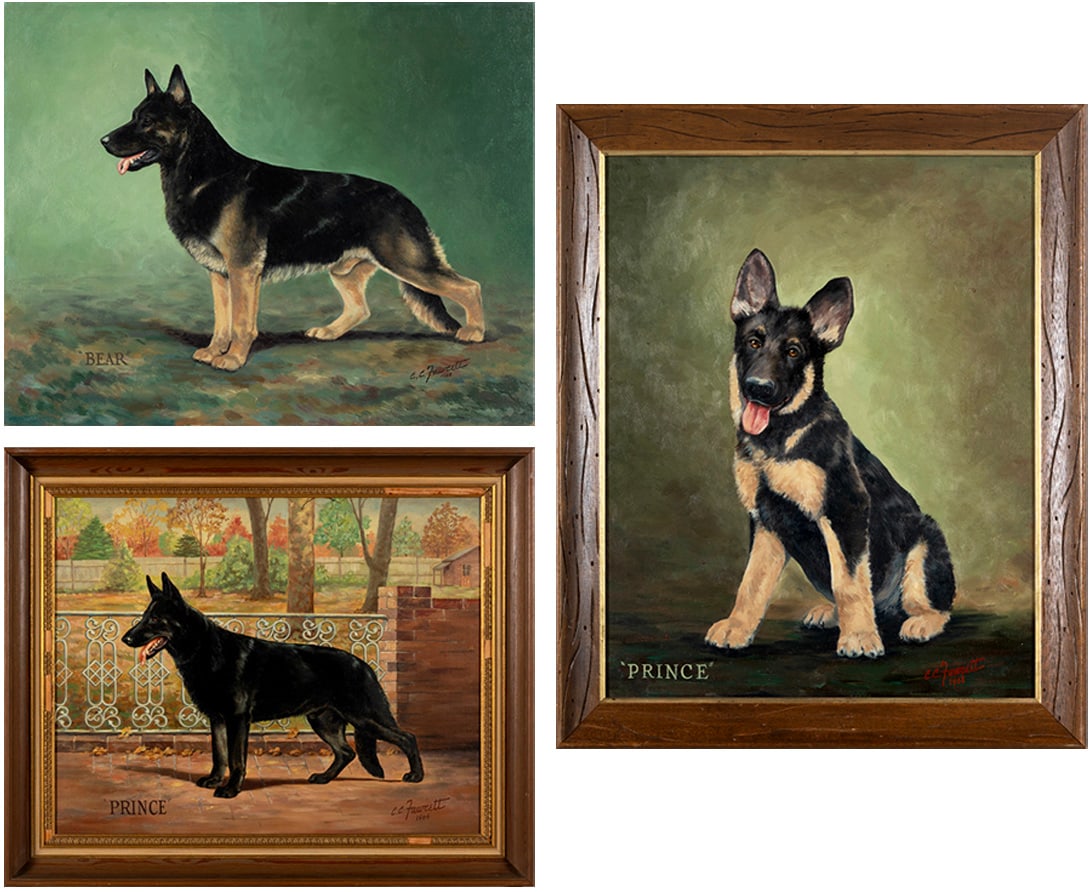 CLARENCE CALHOUN FAWCETT (AMERICAN, 1902-1988): Clarence Calhoun Fawcett American, 1902-1988 Oil on board Three (3) German Shepherd portraits: Prince, signed and dated 1964 lower right; Bear, signed and dated 1968 lower right (unframed); Prince as 