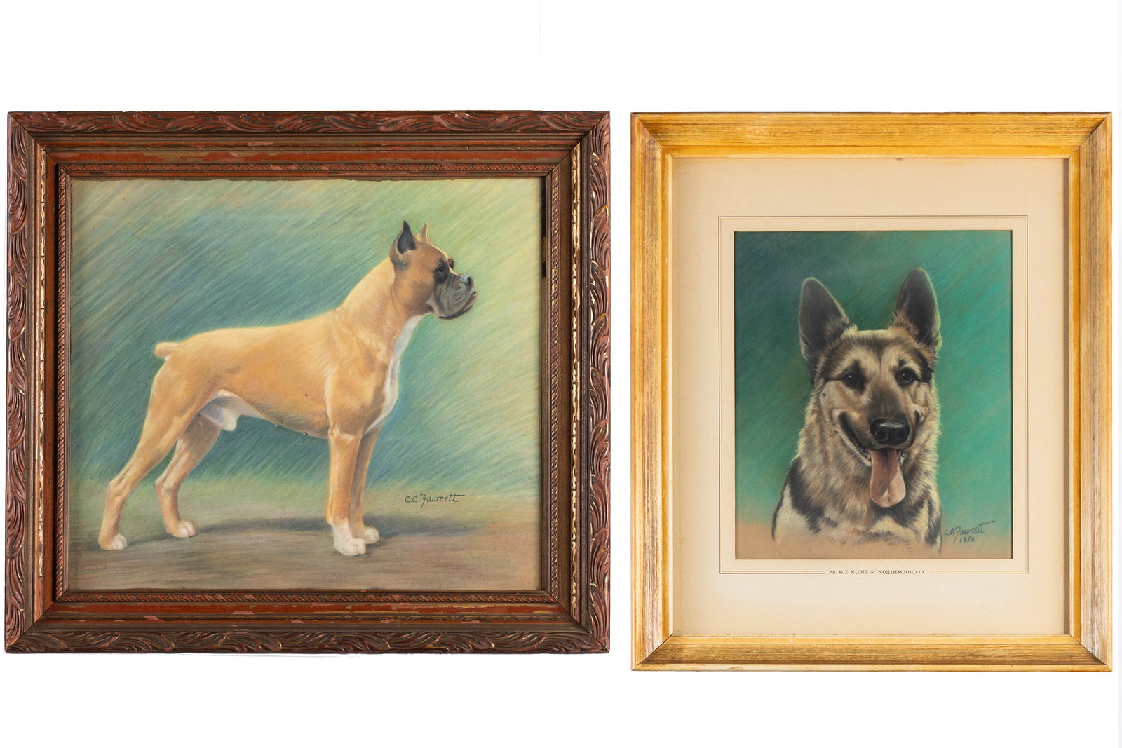 CLARENCE CALHOUN FAWCETT (AMERICAN, 1902-1988): Clarence Calhoun Fawcett American, 1902-1988 Pastel on paper Two (2) works including a German Shepherd portrait titled Prince Noble of Northmoor, CDX, signed and dated 1956 lower right. Together with 