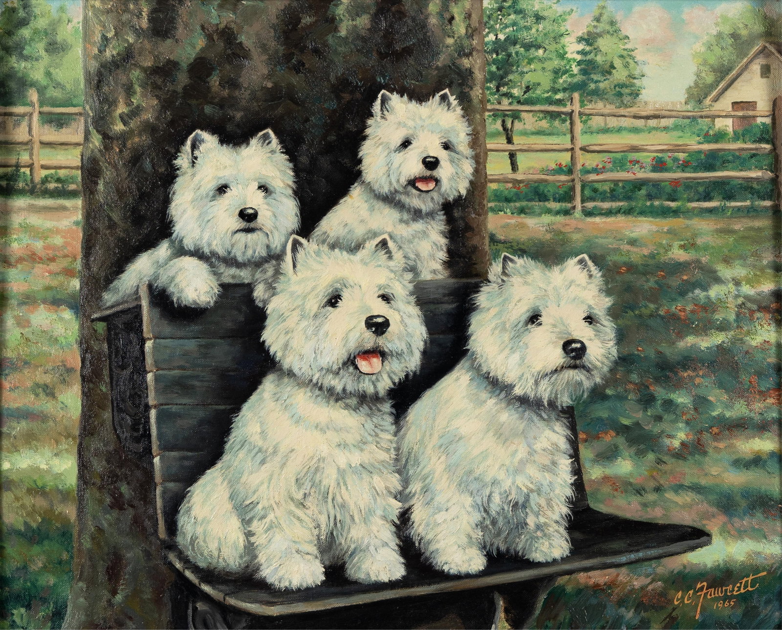 CLARENCE CALHOUN FAWCETT (AMERICAN, 1902-1988): Clarence Calhoun Fawcett American, 1902-1988 Family Portrait Oil on board Signed and dated 1965 lower right, titled to verso with dog names of Waggles, Boaty, Brisk and Sez and other notes. Portrait o
