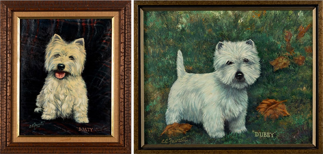 CLARENCE CALHOUN FAWCETT (AMERICAN, 1902-1988): Clarence Calhoun Fawcett American, 1902-1988 Dubby and Boaty Oil on board Two (2) works, both framed. Both West Highland white terrier portraits, signed lower left, each titled with dog names lower ri