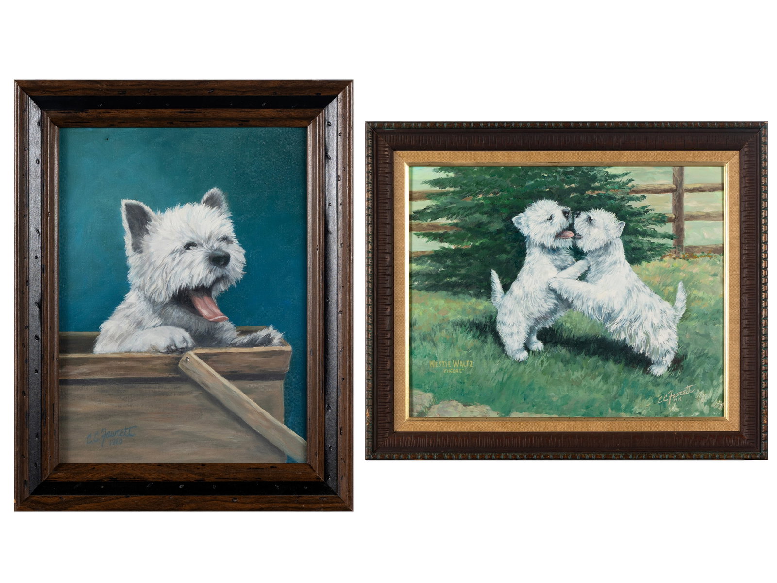 CLARENCE CALHOUN FAWCETT (AMERICAN, 1902-1988): Clarence Calhoun Fawcett American, 1902-1988 Oil on board Two (2) works showing West Highland white terriers, both framed. One showing two puppies is signed and dated 1978 lower right with "Westie Wal