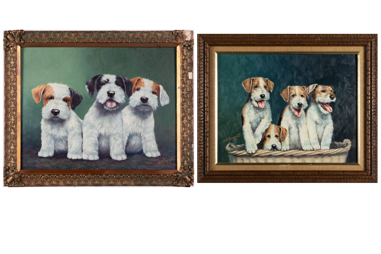 CLARENCE CALHOUN FAWCETT (AMERICAN, 1902-1988): Clarence Calhoun Fawcett American, 1902-1988 Sealyham Puppies and Wire Foxterrier Puppies Oil on canvas panel Two (2) works, both framed. Including a portrait of three (3) Sealyham puppies, signed and