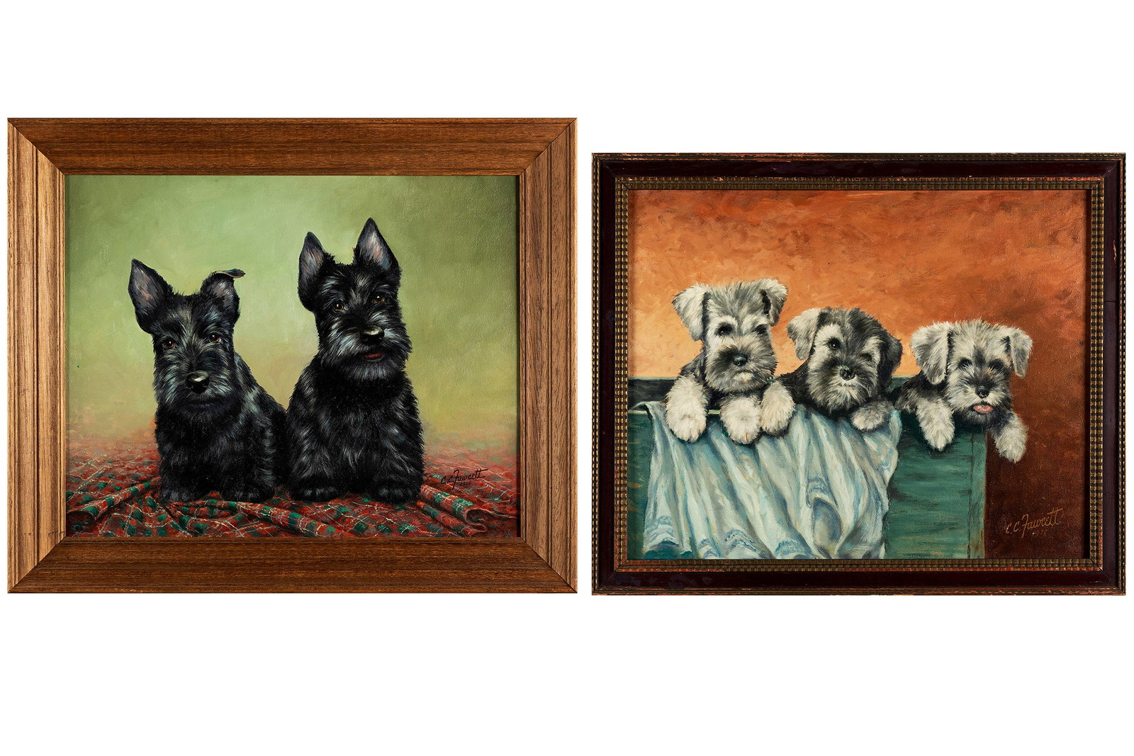 CLARENCE CALHOUN FAWCETT (AMERICAN, 1902-1988): Clarence Calhoun Fawcett American, 1902-1988 A Wee Bit of Scotch and Miniature Schnauzer Puppies Oil on canvas panel Two (2) works, both framed. One signed and dated 1969 with notes penned to verso sh