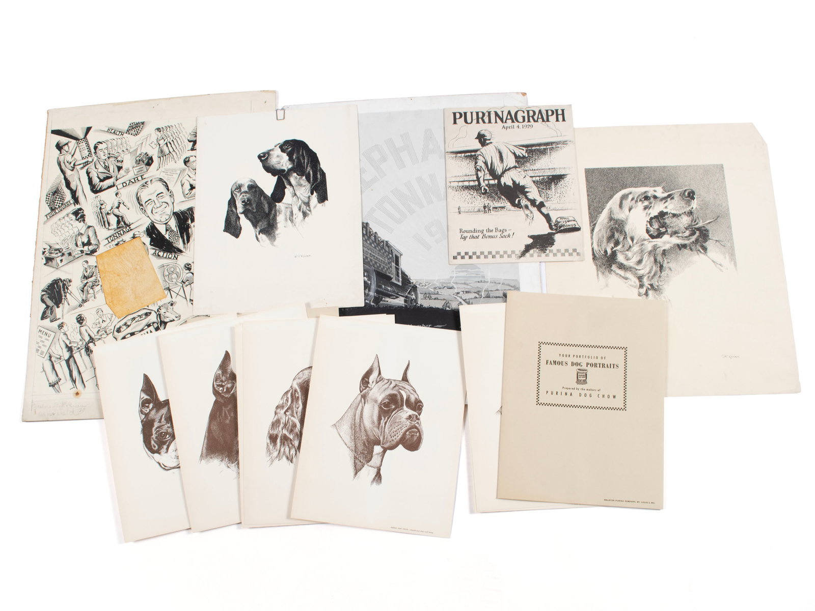CLARENCE CALHOUN FAWCETT (AMERICAN, 1902-1988): Clarence Calhoun Fawcett American, 1902-1988 Mixed media Advertising works for Purina, including two original drawn works. One for the "Purinagraph" magazine with "ELEPHANT TONNAGE - 1928" across the 
