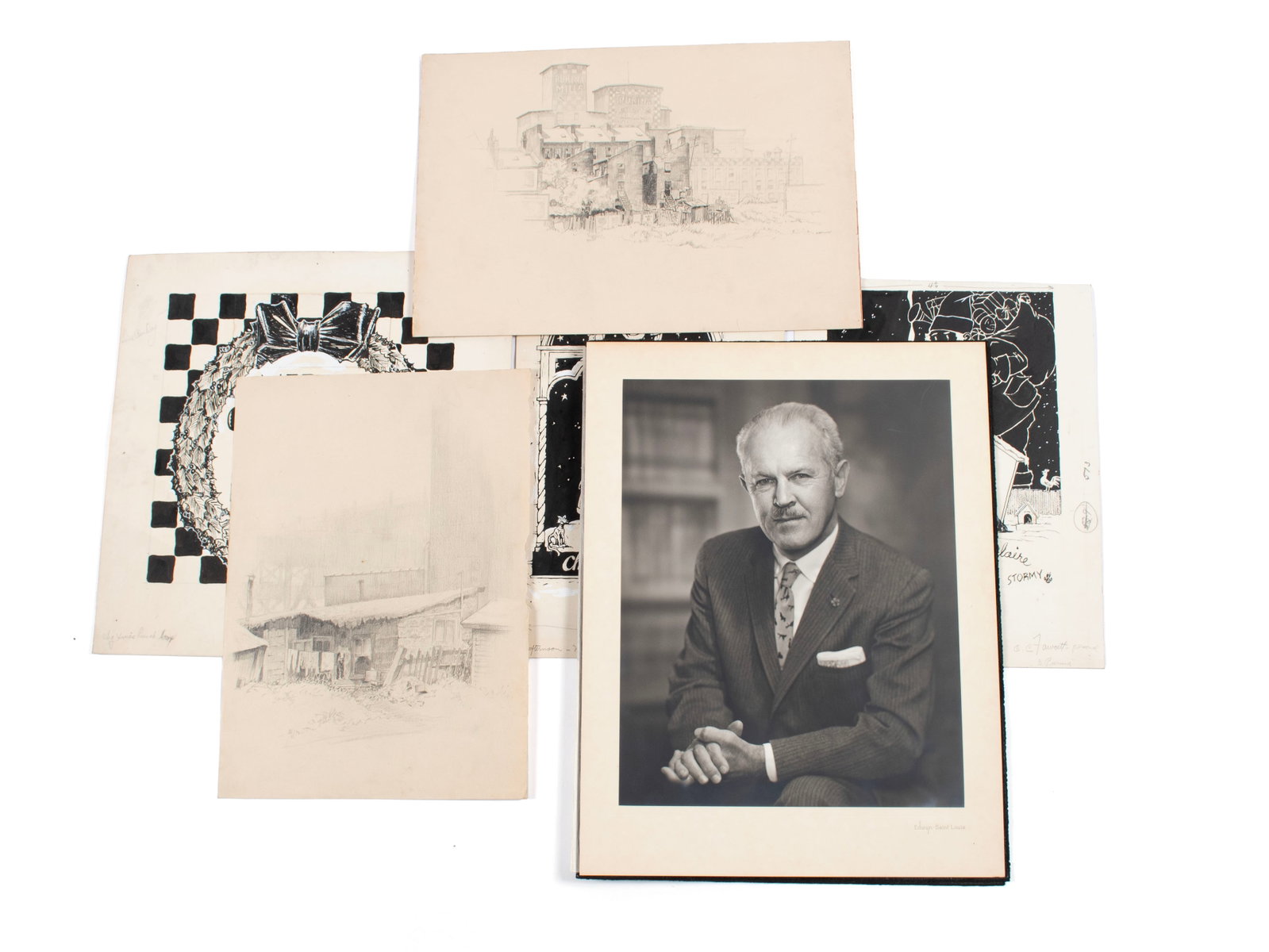 CLARENCE CALHOUN FAWCETT (AMERICAN, 1902-1988): Clarence Calhoun Fawcett American, 1902-1988 Mixed media Original drawings by Fawcett including two signed Fawcett family Christmas card renderings in black and white, and a similar "Merry Christmas -