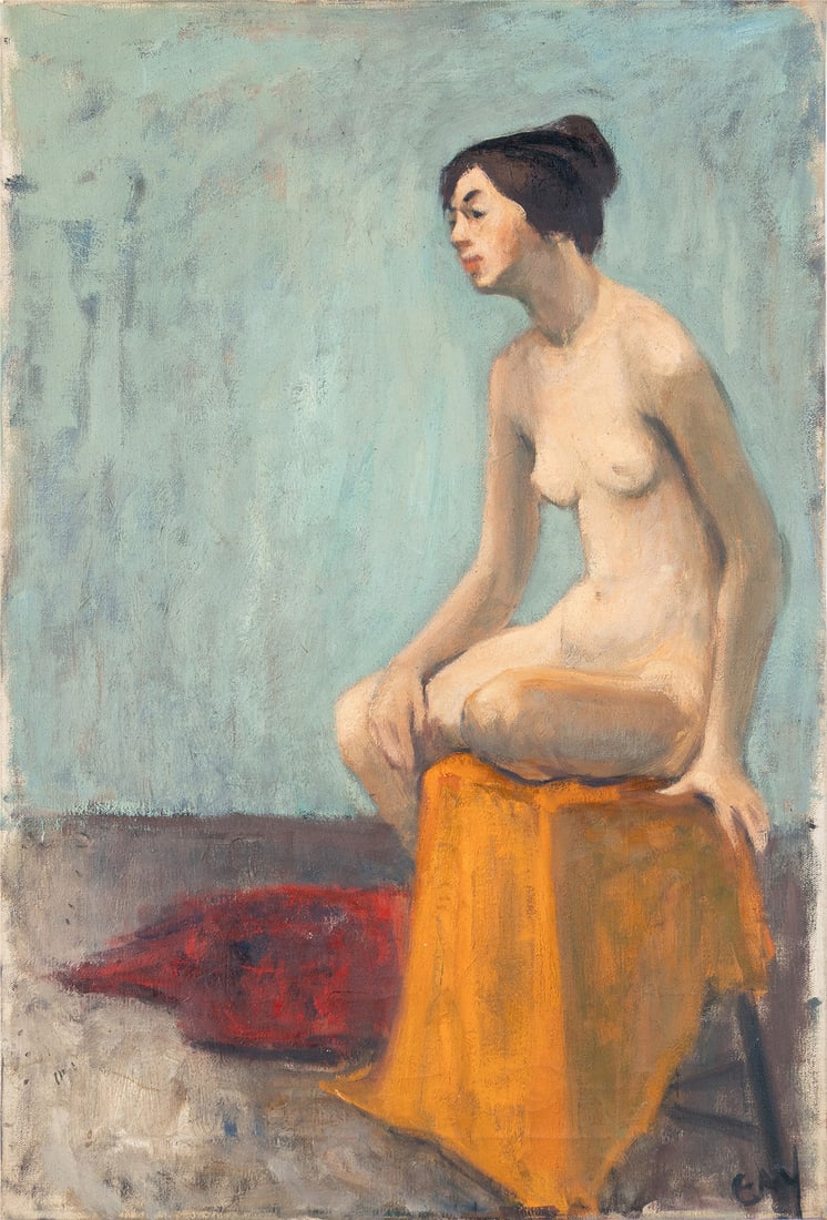 VIRGINIA 'TITO' GAY (AMERICAN (ST. LOUIS), 1932-2024): Virginia 'Tito' Gay American (St. Louis), 1932-2024 Nude Model Oil on canvas Circa 1970, signed lower right. Portrait of a seated nude woman, unframed. Tito attended Washington University where she