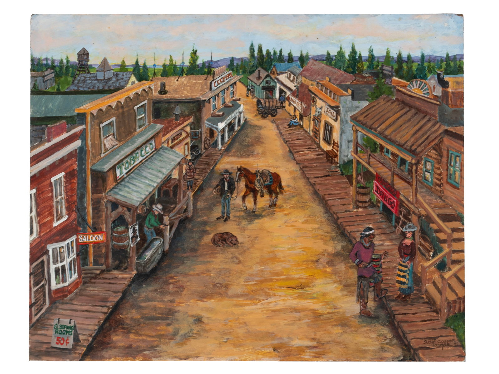 SUSAN DROZDA COOPER (AMERICAN, B. 1942): Susan Drozda Cooper American, b. 1942 Back in Time, Colorado Oil on board Signed and dated lower right, also signed and titled to verso. Western frontier town scene, unframed. 16 x 20 in. (40.6 x 50.8