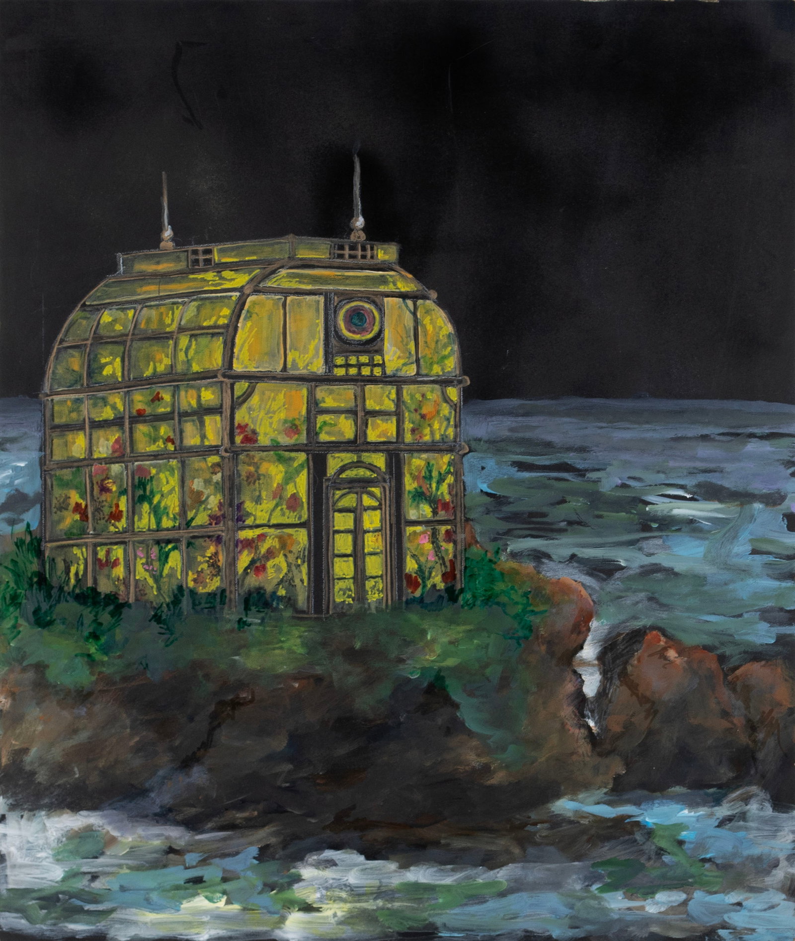 SUSAN DROZDA COOPER (AMERICAN, B. 1942): Susan Drozda Cooper American, b. 1942 Greenhouse on the Rock Oil on board Signed and titled on verso. Greenhouse on a coastal rock, unframed. 24 x 20 in. (61 x 50.8 cm.)