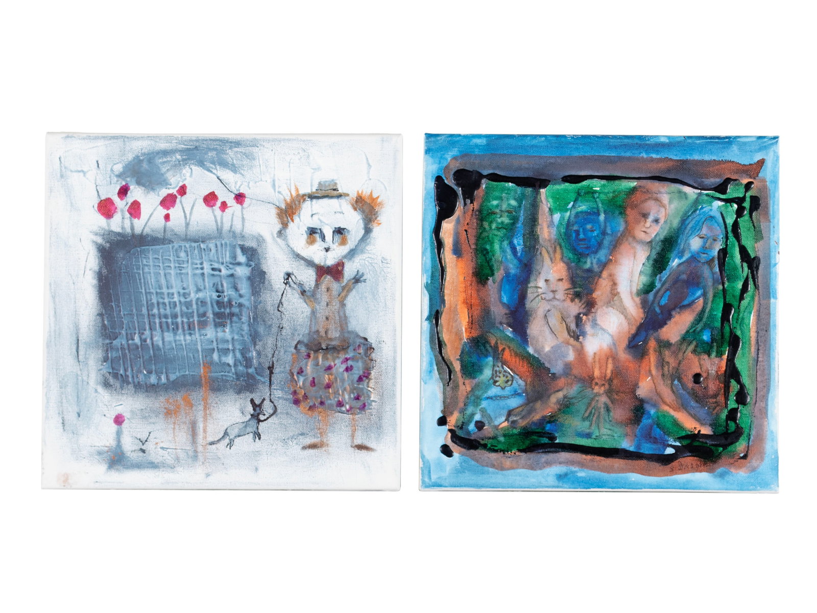 SUSAN DROZDA COOPER (AMERICAN, B. 1942): Susan Drozda Cooper American, b. 1942 Two Works Oil on canvas Including 'All Things Great and Small' and 'Walking Hercules'. Two Surrealist figural compositions, both signed and titled to verso, unfra