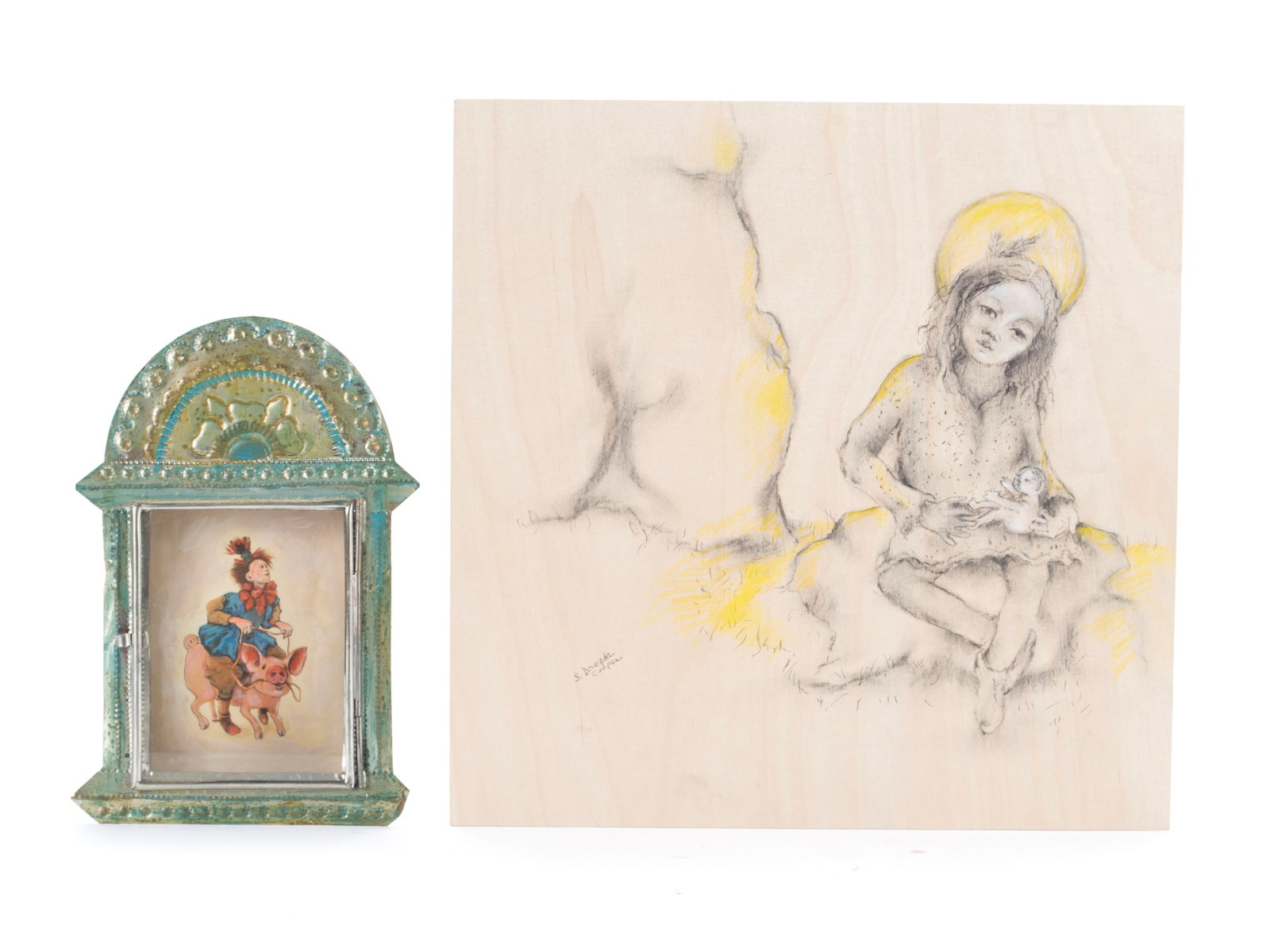 SUSAN DROZDA COOPER (AMERICAN, B. 1942): Susan Drozda Cooper American, b. 1942 Two Works Mixed media Including a hand painted watercolor within a tin nicho box showing a figure riding a pig, together with an ink on wood panel titled "Inner C