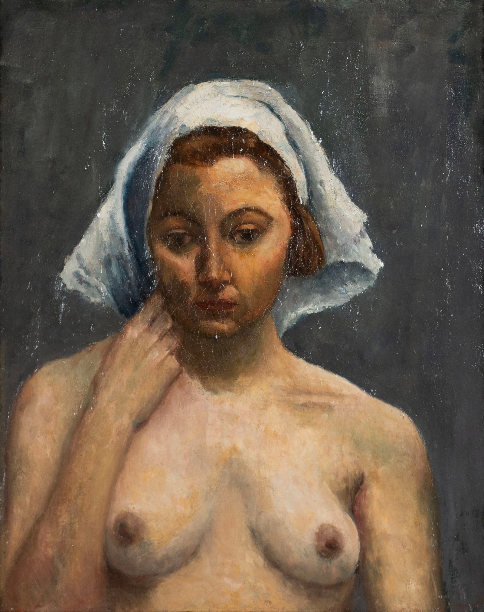 PORTRAIT OF A NUDE WOMAN: PORTRAIT OF A NUDE WOMAN 20th century, oil on canvas, unsigned. Half length portrait of a nude woman, framed. Sight: 19 3/4 x 15 3/4 in. (50.2 x 40 cm.), Frame: 29 1/2 x 25 3/4 in. (74.9 x 65.4 cm.)