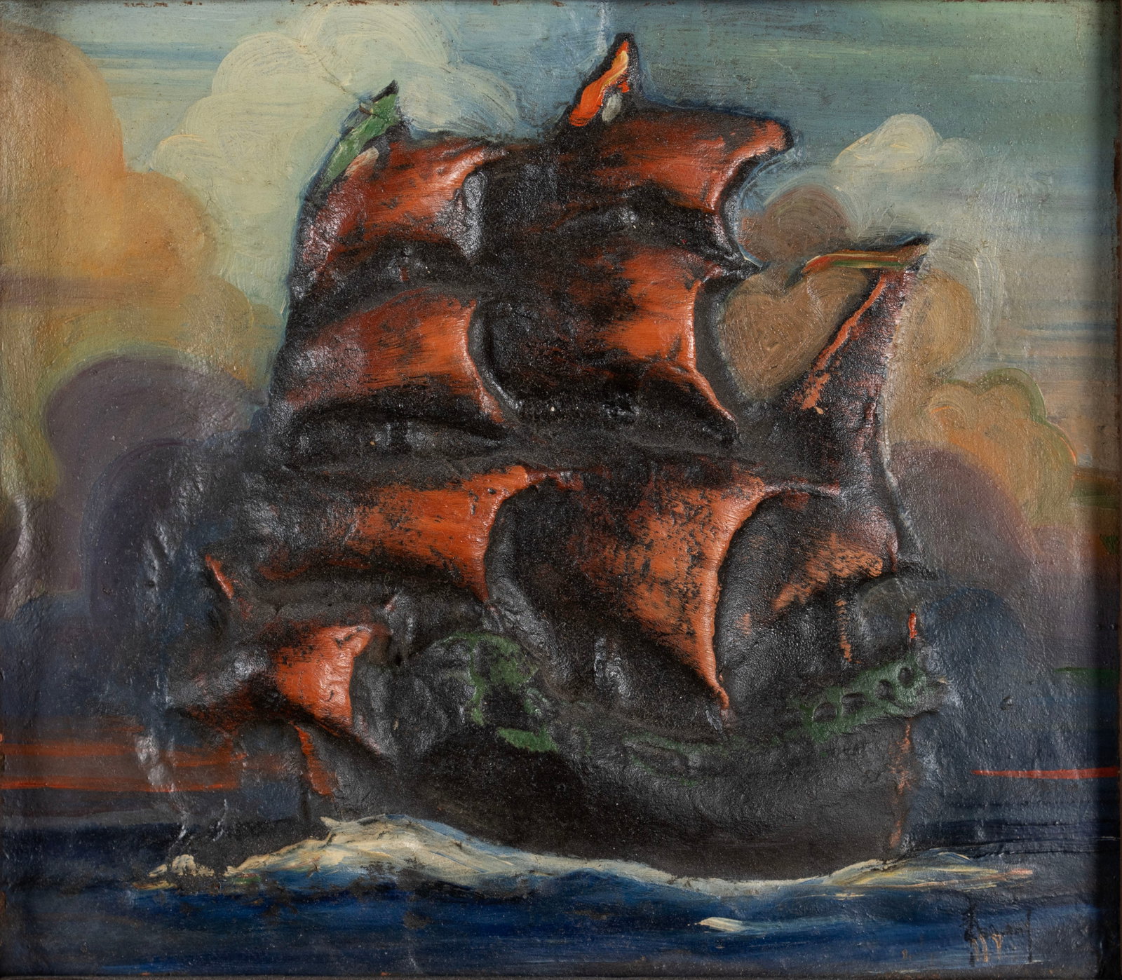 FRED CONWAY (AMERICAN (MISSOURI), 1900-1973): Fred Conway American (Missouri), 1900-1973 Oil on papier mache Signed lower right. Two-dimensional image of a large sailing ship on the ocean, framed. 6.29 x 8 1/2 in. (16 x 21.6 cm.), Frame: 9 x 11 i