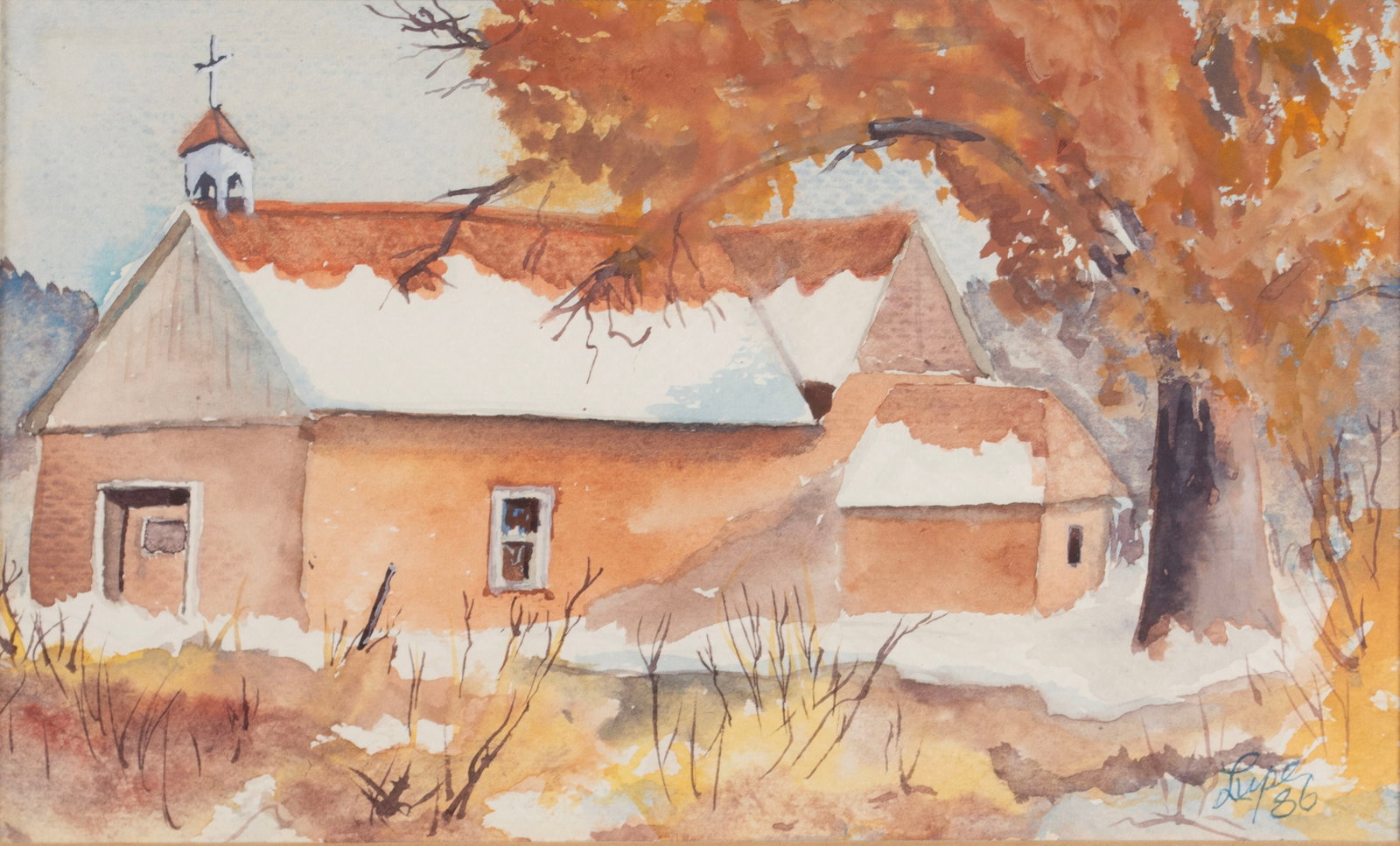 LUPE SALAZAR (AMERICAN, 20TH C.): Lupe Salazar American, 20th c. Capilla de San Jose Watercolor Signed and dated '86 with title and more to the matting. Church in an autumn landscape, matted and framed. 6 x 10 in. (15.2 x 25.4 cm.),