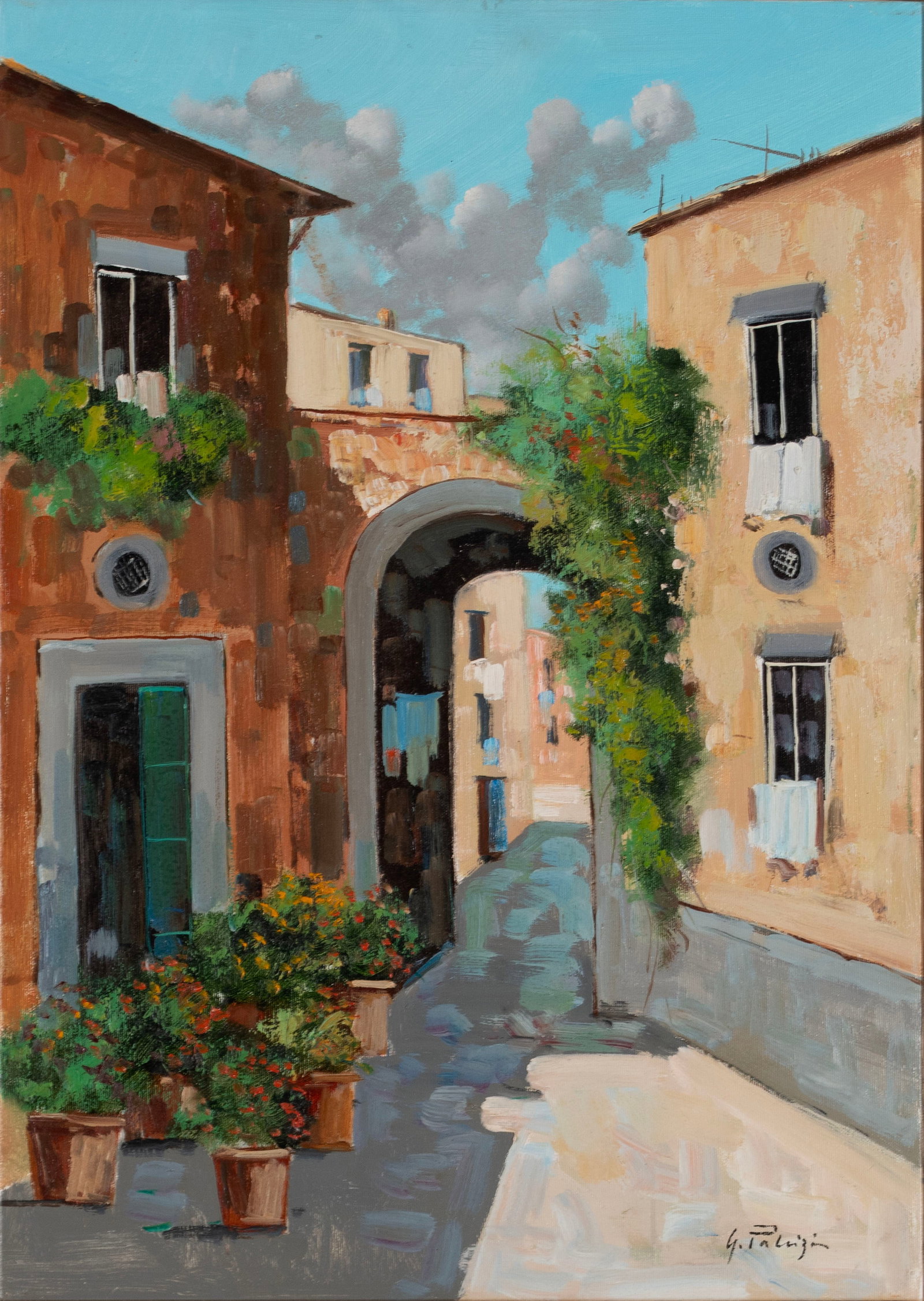 MEDITERRANEAN STREET SCENE: MEDITERRANEAN STREET SCENE Oil on canvas, signed illegibly lower right. Dwellings along a stone street, flowering vines and flower filled pots with an arched walkway, framed. 27 1/2 x 19.69 in. (69.9