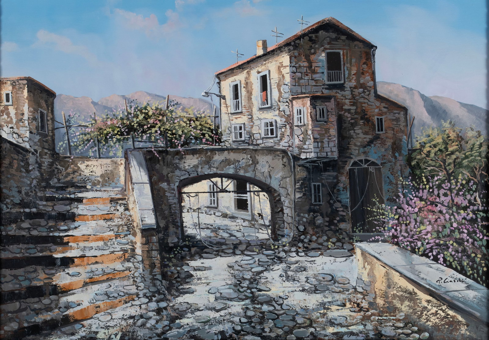 MEDITERRANEAN ARCHITECTURAL SCENE: MEDITERRANEAN ARCHITECTURAL SCENE Oil on canvas, signed illegibly lower right. Stone dwelling with a staircase to the left of an arched walkway, the dwelling upper right with mountains in the