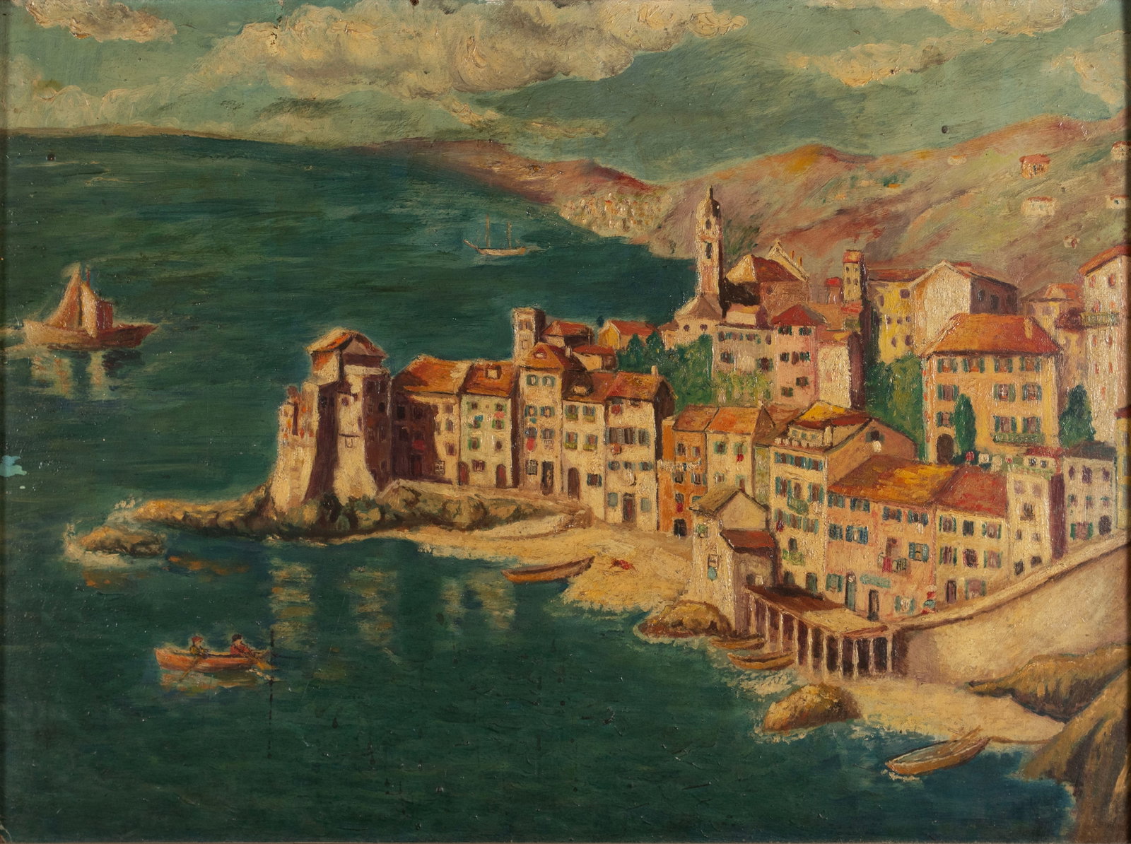 EUROPEAN SEASIDE TOWN: EUROPEAN SEASIDE TOWN 20th century, oil on board, unsigned. Coastal town with mountains in background, framed. 20 1/2 x 27 3/4 in. (52.1 x 70.5 cm.), Frame: 26 1/2 x 33 1/2 in. (67.3 x 85.1 cm.)