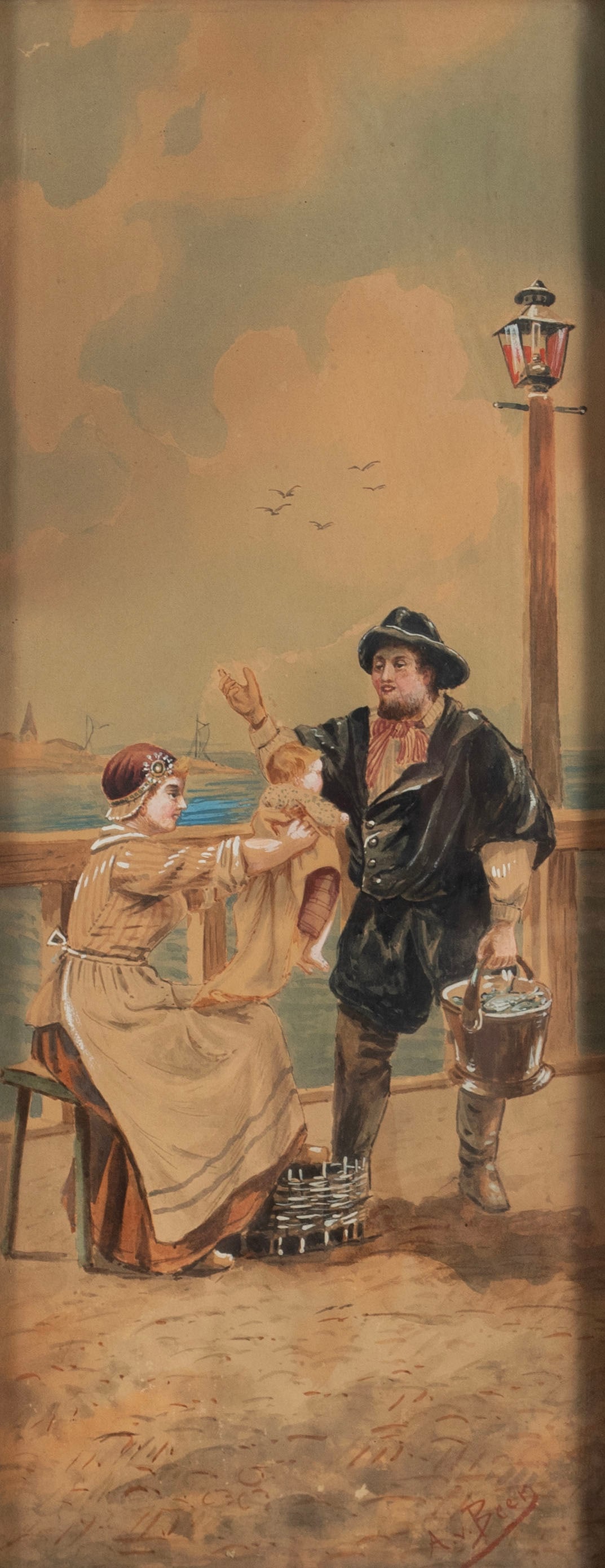 FISHERMAN FAMILY WATERCOLOR: FISHERMAN FAMILY WATERCOLOR 20th century, watercolor on paper, signed 'A.v. Been' lower right. Scene of a fisherman and his family at the seashore, framed. 19 x 7 1/2 in. (48.3 x 19.1 cm.), Frame: 23