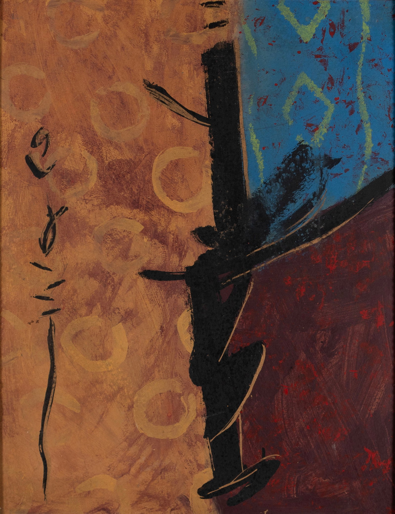 JAPANESE ABSTRACT PAINTING: JAPANESE ABSTRACT PAINTING 20th century, oil on board, signed in script. Framed. 20 x 26 in. (50.8 x 66 cm.)