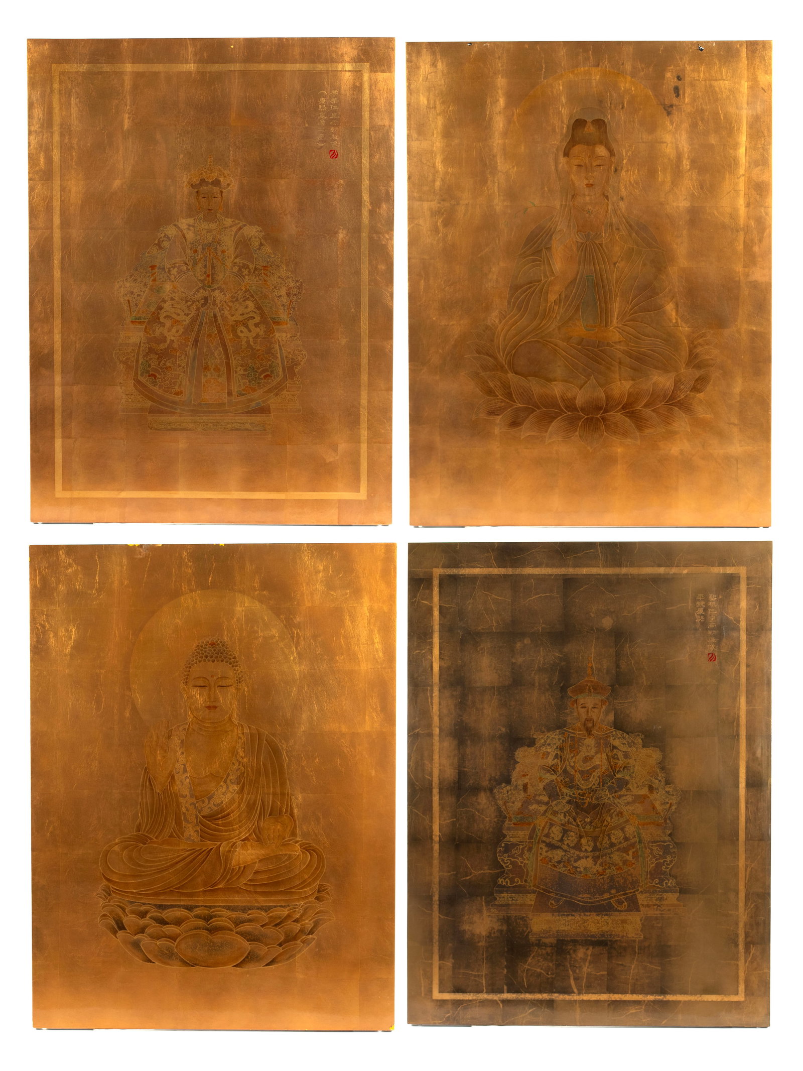 SET OF FOUR LAQUERED WALL HANGINGS: SET OF FOUR LAQUERED WALL HANGINGS Chinese, 20th century. Two (2) depicting a Chinese Emperor and Empress, and two (2) depicting Buddha and Guanyin. 48 x 36 in. (121.9 x 91.4 cm.)