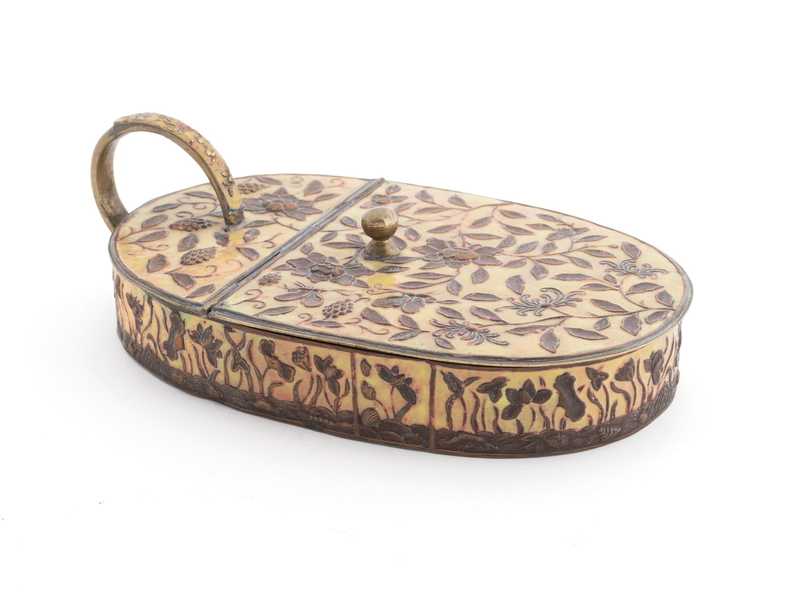 CHINESE ENAMELED BRASS CRUMB CATCHER: CHINESE ENAMELED BRASS CRUMB CATCHER 20th century. Oval crumb catcher or 'silent butler', marked on underside. 1 1/2 x 4 1/2 x 8 in. (3.8 x 11.4 x 20.3 cm.)