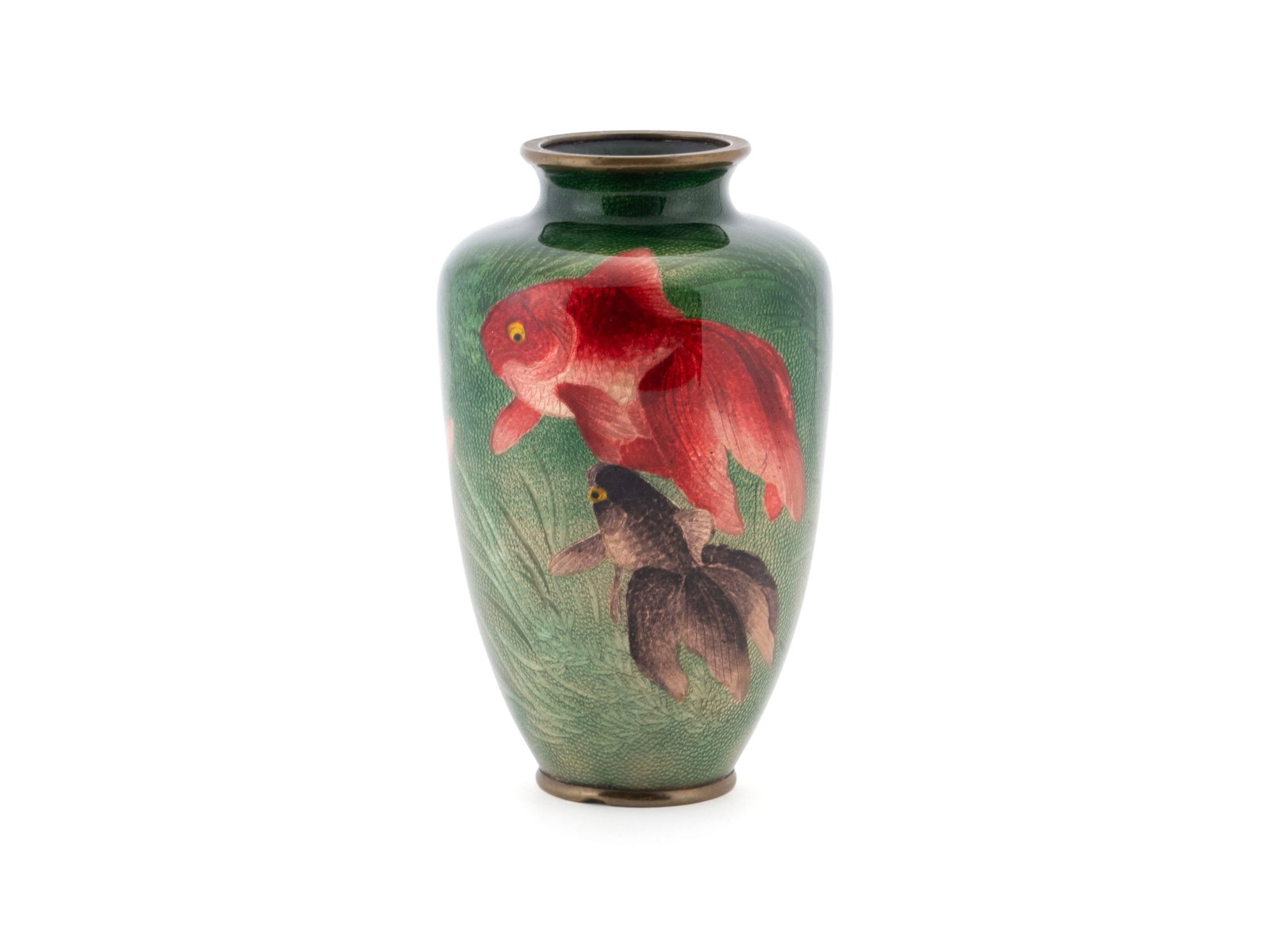 MEIJI GINBARI CLOISONNE VASE: MEIJI GINBARI CLOISONNE VASE Japanese, late 19th century, marked underfoot. Decorated with koi fish swimming among foliage against a fading green ground. 6 in. (15.2 cm.)