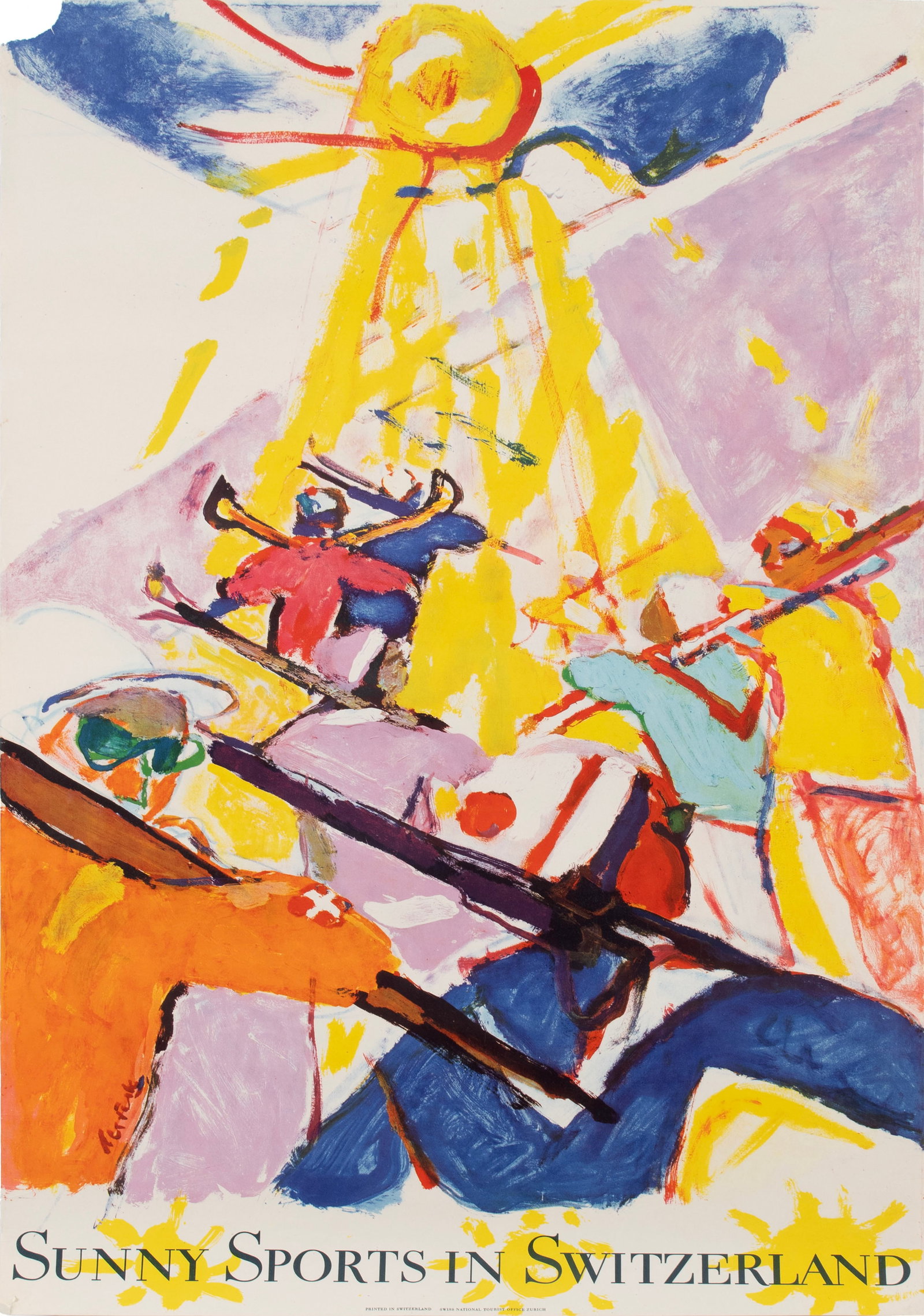 HANS FALK (SWISS, 1918-2002) 'SUNNY SPORTS IN SWITZERLAND' POSTER: HANS FALK (SWISS, 1918-2002) 'SUNNY SPORTS IN SWITZERLAND' POSTER For Swiss National Tourist Office, 1957. Unframed. 40 x 25 in. (101.6 x 63.5 cm.)