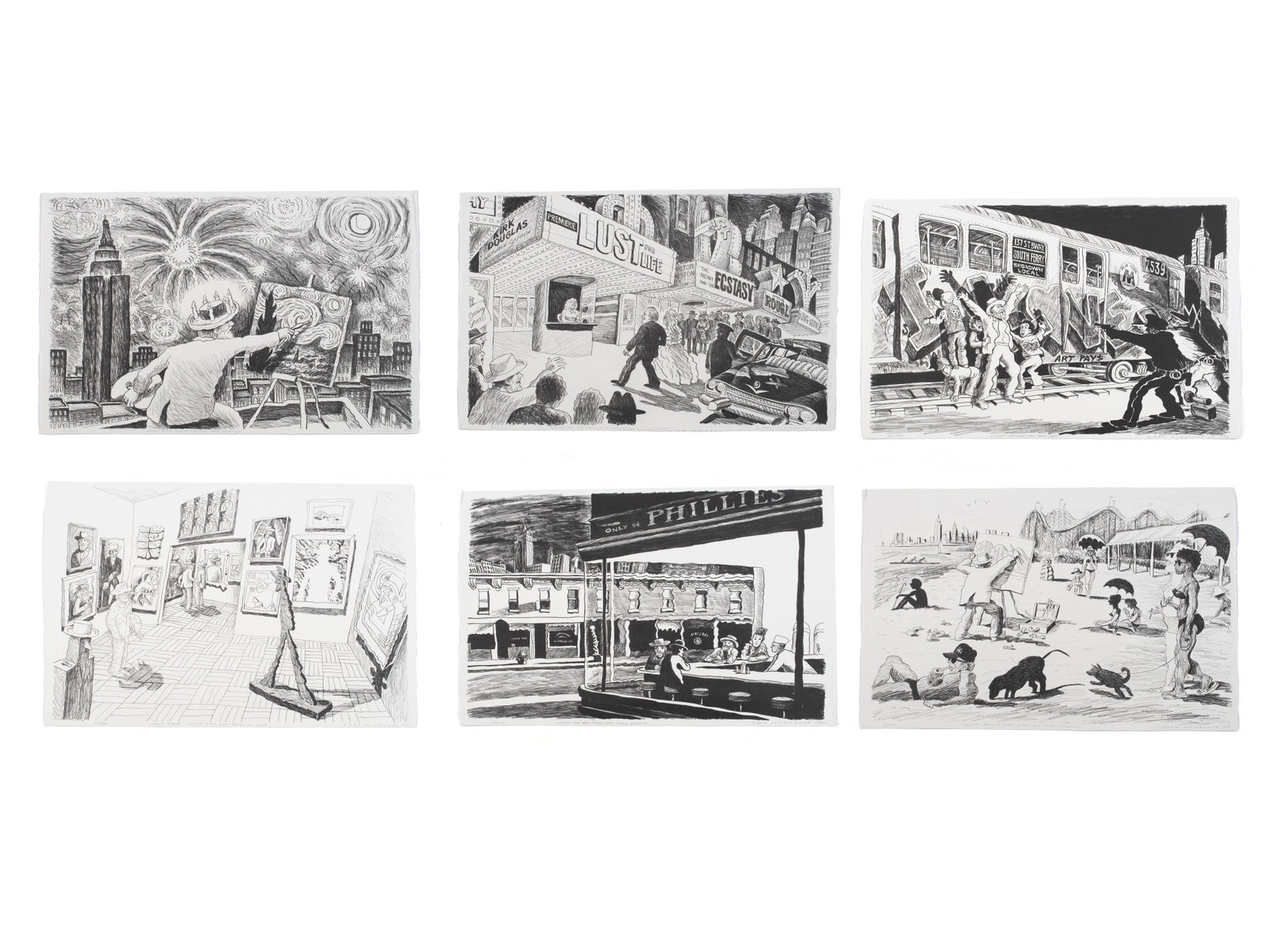 GROUP OF GREG CONSTANTINE (CANADIAN-AMERICAN, B 1938) LITHOGRAPHS: GROUP OF GREG CONSTANTINE (CANADIAN-AMERICAN, B 1938) LITHOGRAPHS Six (6) total, including 'Vincent Painting Coney Island on a Sunday Afternoon' (X/XXV), 'Vincent Defends New Wave Art' (XVII/XXV), 'Vi