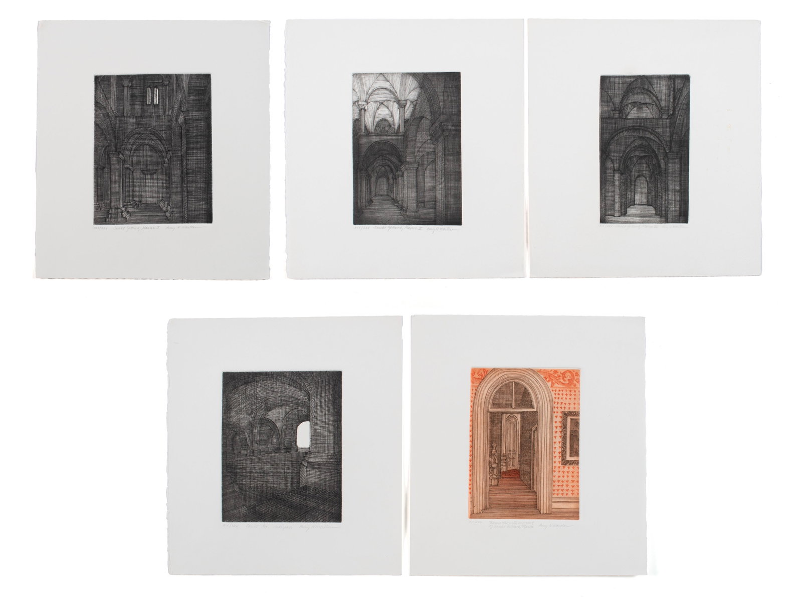 FIVE AMY WORTHEN (AMERICAN, B. 1946) ETCHINGS: FIVE AMY WORTHEN (AMERICAN, B. 1946) ETCHINGS Including 'Court Ave. Underpass' (XIX/XXV), 'Terrace Hill with Engraving of Sankt Gottard, Mainz' (XIX/XXV), and 'Sankt Gottard, Mainz' Nos. I, II and