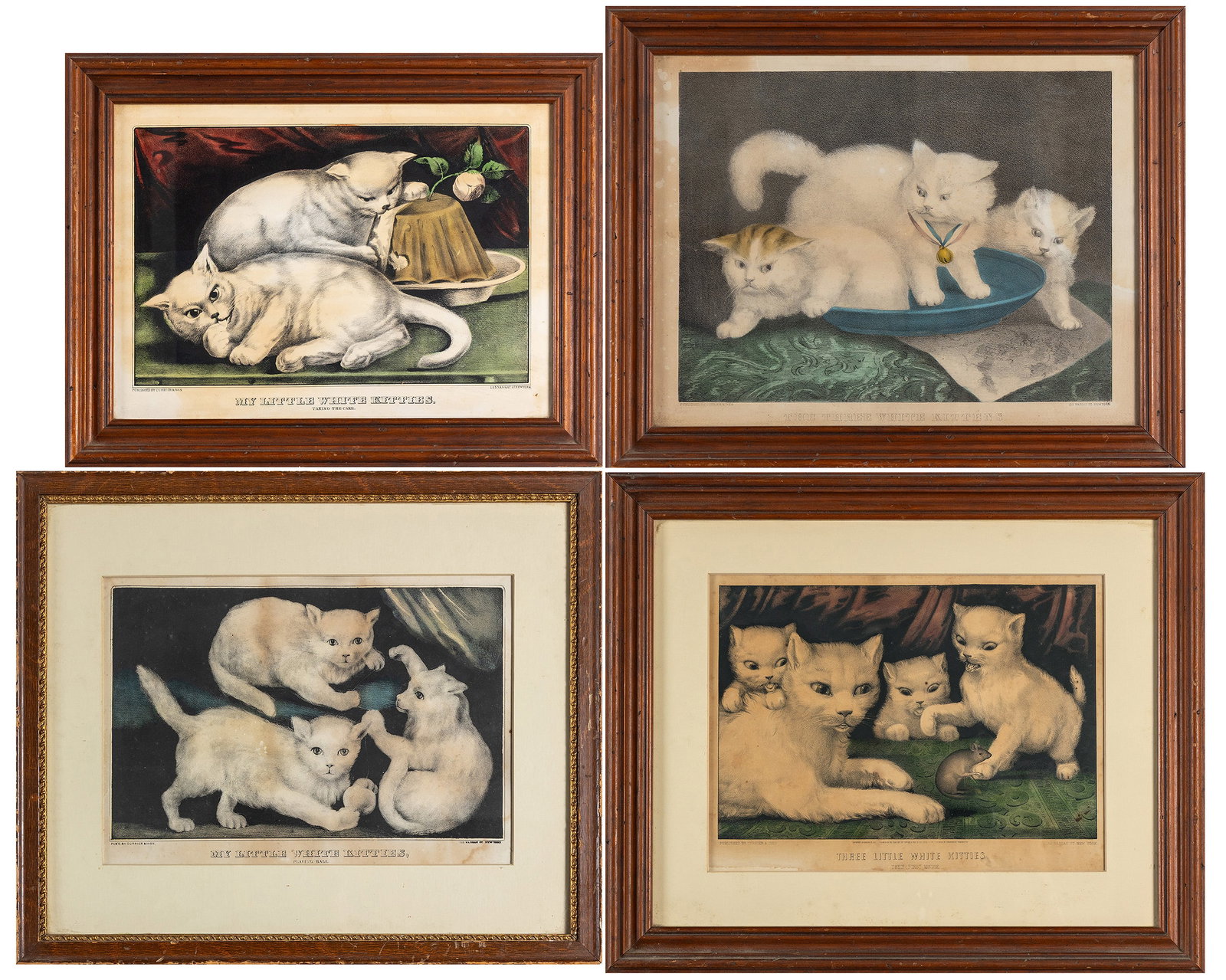 FOUR CURRIER AND IVES 'WHITE KITTENS' LITHOGRAPHS: FOUR CURRIER AND IVES 'WHITE KITTENS' LITHOGRAPHS 19th century. Four (4) hand-colored lithographs including "The Three White Kittens", "My Little White Kittens Taking the Cake", "My Little White Kitte