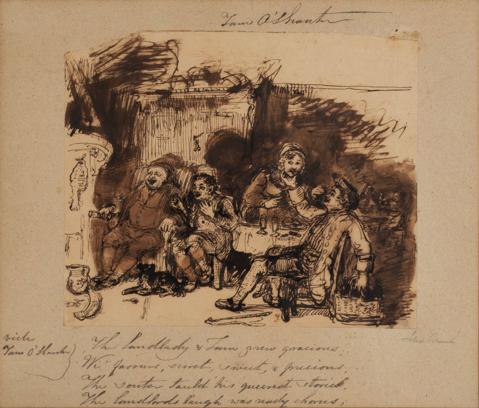 ILLUSTRATION FROM 'TAM O'SHANTER' BY ROBERT BURNS: ILLUSTRATION FROM 'TAM O'SHANTER' BY ROBERT BURNS Print with ink embellishments on a sheet mounted on thick card stock. A scene from the poem "Tam O'Shanter" by Robert Burns, as part of his poem is wr