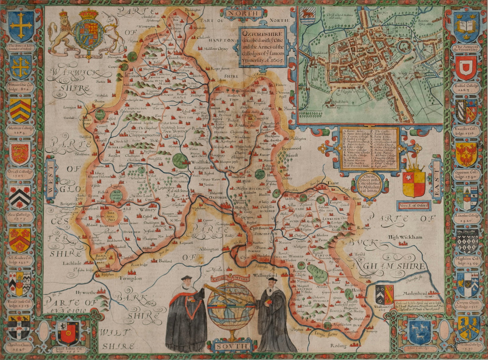 1605 MAP OF OXFORDSHIRE BY JOHN SPEED (ENGLISH, 1552-1629): 1605 MAP OF OXFORDSHIRE BY JOHN SPEED (ENGLISH, 1552-1629) English, 17th century, hand colored engraving. Marked lower right "Performed by John Speed and are to be Sold by Thomas Bassett in Fleet Stre