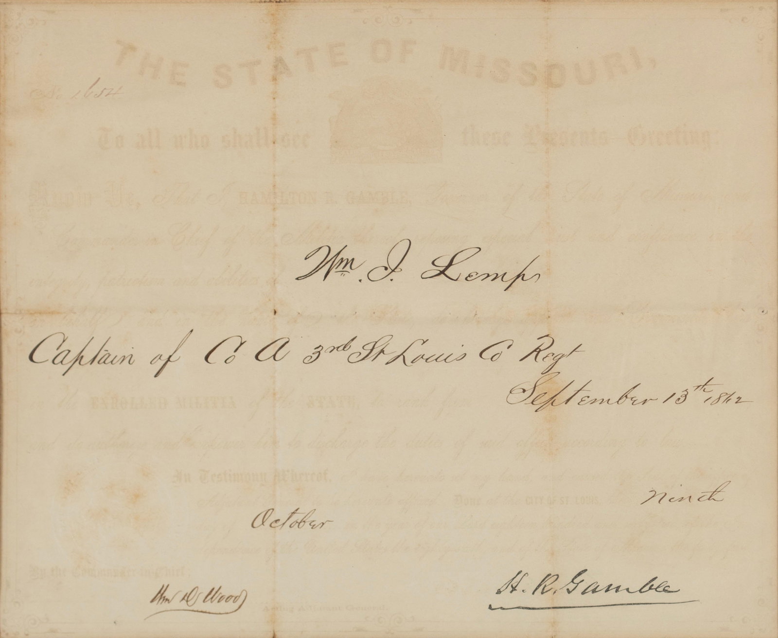 WILLIAM J. LEMP CIVIL WAR ERA APPOINTMENT DOCUMENT (1 of 7)