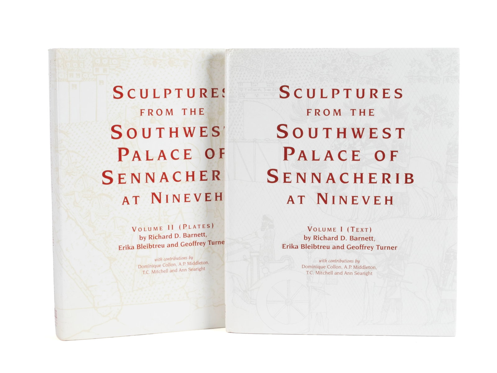 SCULPTURES OF THE SOUTHWEST PALACE OF SENNACHERIB AT NINEVEH, TWO VOLUMES: SCULPTURES OF THE SOUTHWEST PALACE OF SENNACHERIB AT NINEVEH, TWO VOLUMES Richard D. Barnett, Erika Bleibtreu, and Geoffrey Turner, British Museum Press, 1998. With slip case. 13 x 10 3/4 x 2 3/4 in.