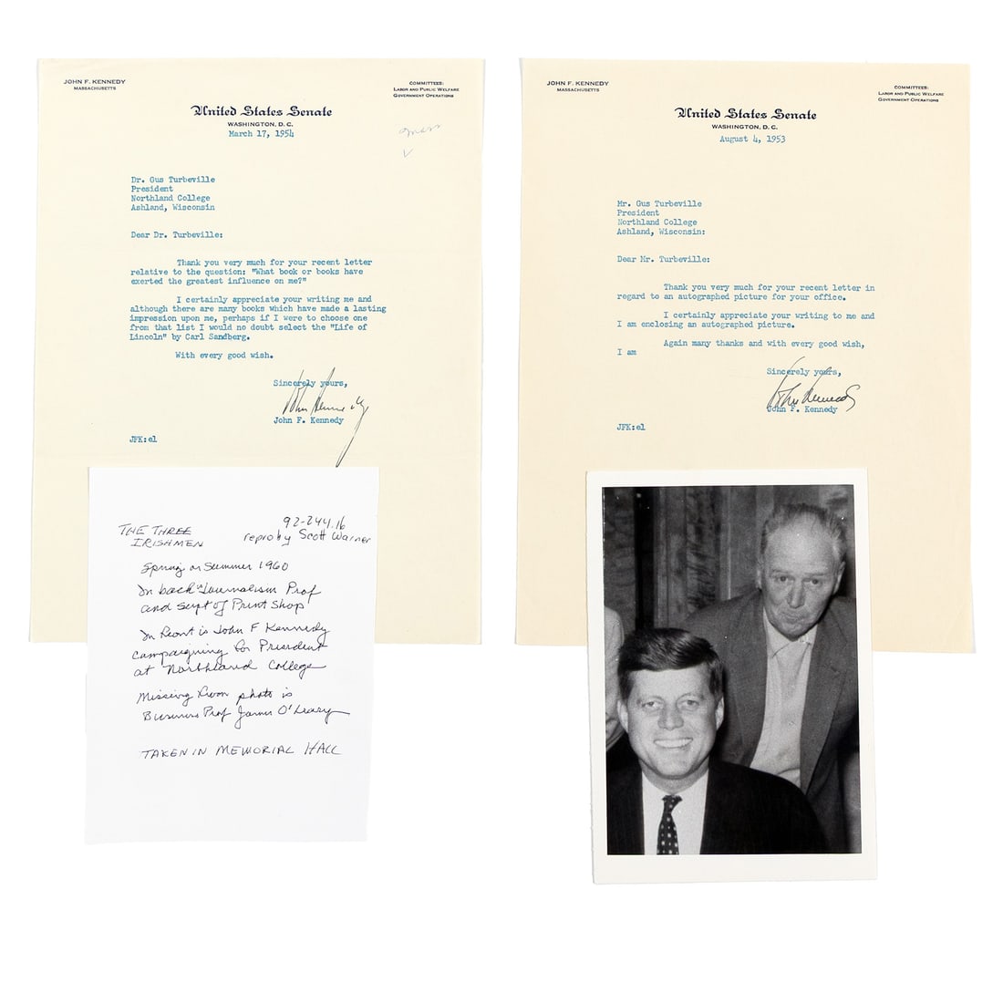TWO TLS LETTERS SIGNED BY SENATOR JOHN F. KENNEDY WITH A PHOTOGRAPH: TWO TLS LETTERS SIGNED BY SENATOR JOHN F. KENNEDY WITH A PHOTOGRAPH One letter dated March 17, 1954, is a return letter to Dr. Gus Turbeville as President of Northland College in Ashland, Wisconsin, t