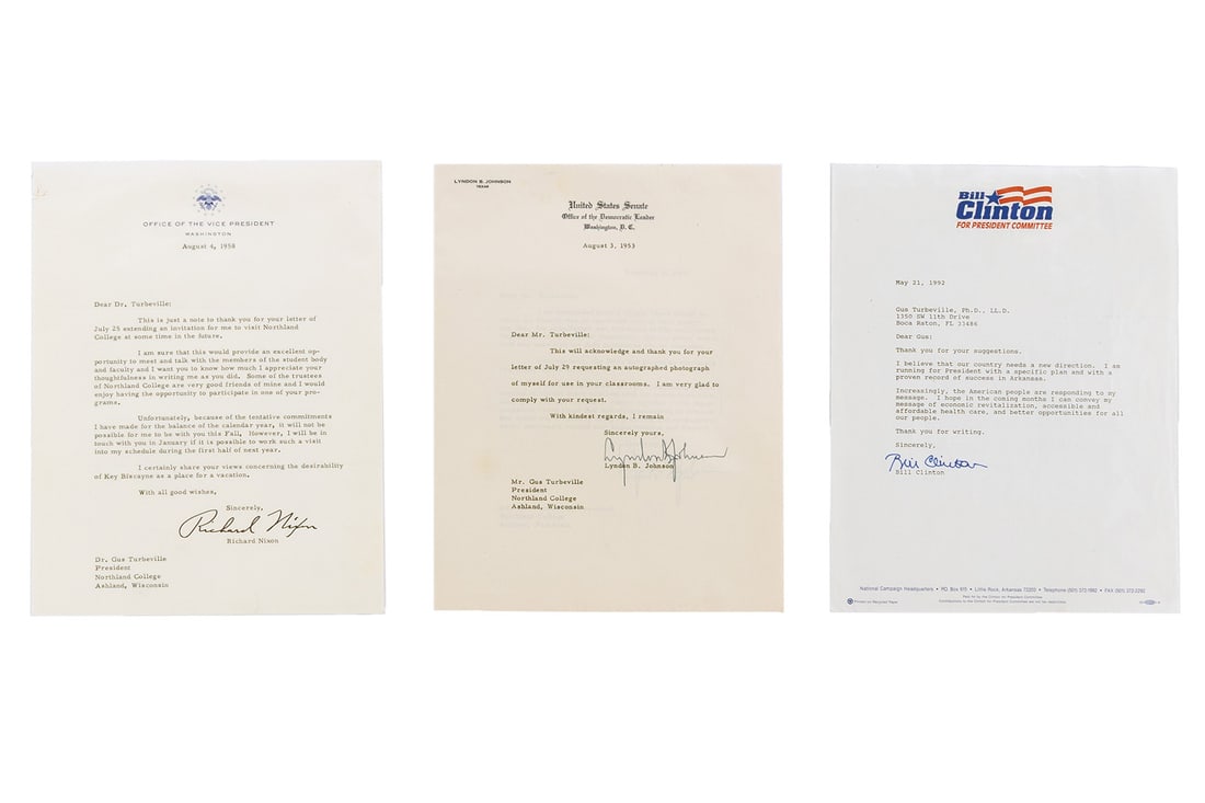 COLLECTION OF POLITICAL AUTOGRAPHS WITH PRESIDENTS: COLLECTION OF POLITICAL AUTOGRAPHS WITH PRESIDENTS Group of twenty-four (24) from the collection of Mr. Gus Turbeville, President of Northland College of Ashland Wisconsin. (1) Richard Nixon as