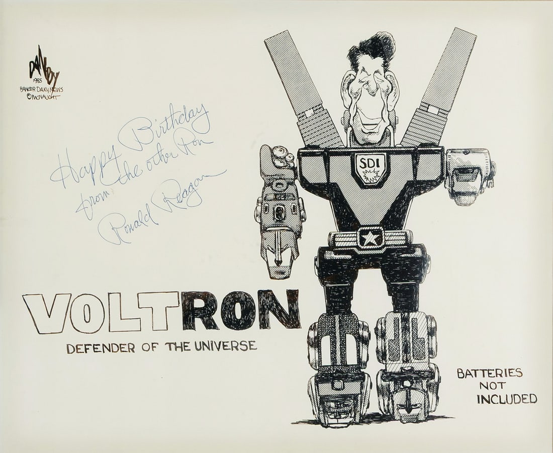 VOLTRON-DEFENDER OF THE UNIVERSE DRAWING SIGNED BY PRESIDENT RONALD REAGAN: VOLTRON-DEFENDER OF THE UNIVERSE DRAWING SIGNED BY PRESIDENT RONALD REAGAN Drawn in 1985 by DANBY (Daniel Murrell, or Danby Draws), showing Reagan as Voltron. Signed by Reagan with a birthday note,