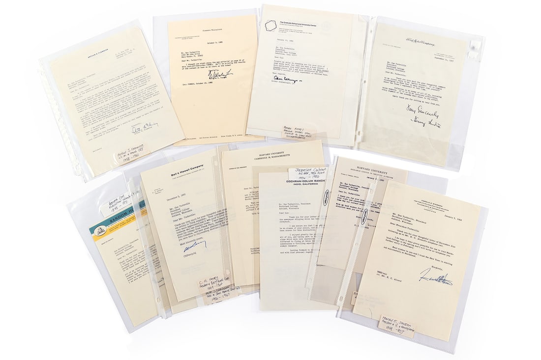 COLLECTION OF TLS BY 20TH CENTURY BUSINESS LEADERS AND EDUCATORS: COLLECTION OF TLS BY 20TH CENTURY BUSINESS LEADERS AND EDUCATORS Twenty (20) total, correspondences from the collection of Mr. Gus Turbeville, President of Northland College of Ashland Wisconsin. (8) 