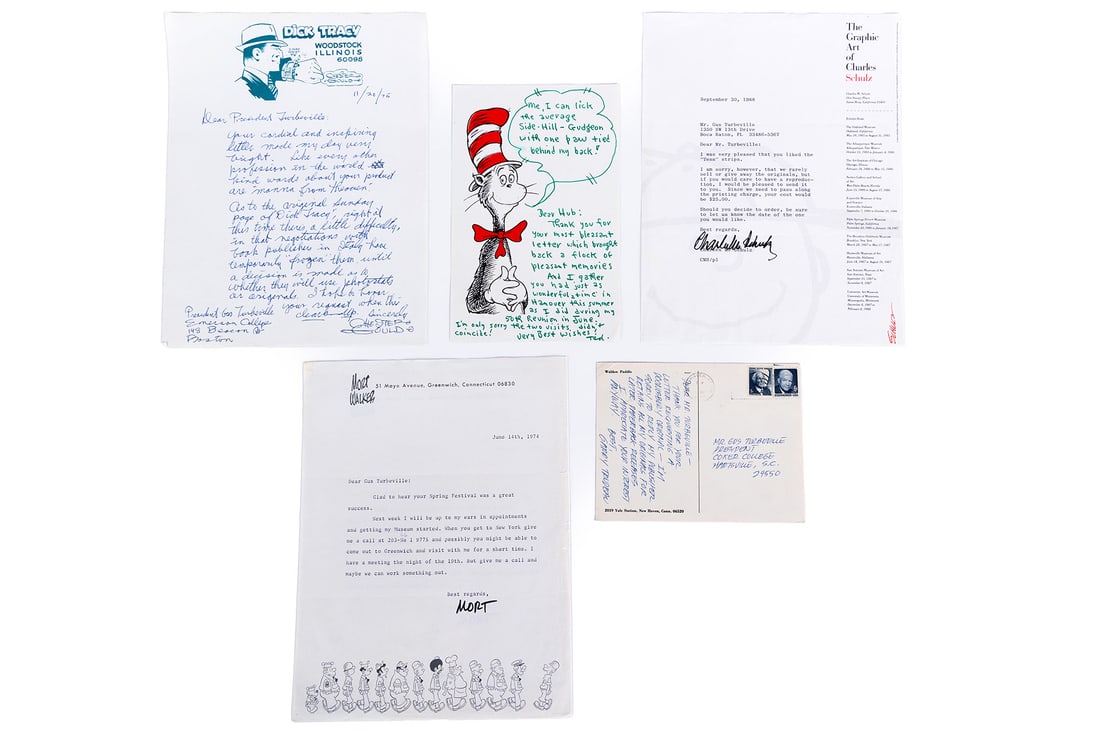 COLLECTION OF CARTOONIST SIGNED LETTERS: COLLECTION OF CARTOONIST SIGNED LETTERS Group of five (5) correspondences from the collection of Mr. Gus Turbeville, President of Northland College of Ashland Wisconsin. (1) Chester Gould of Dick Trac