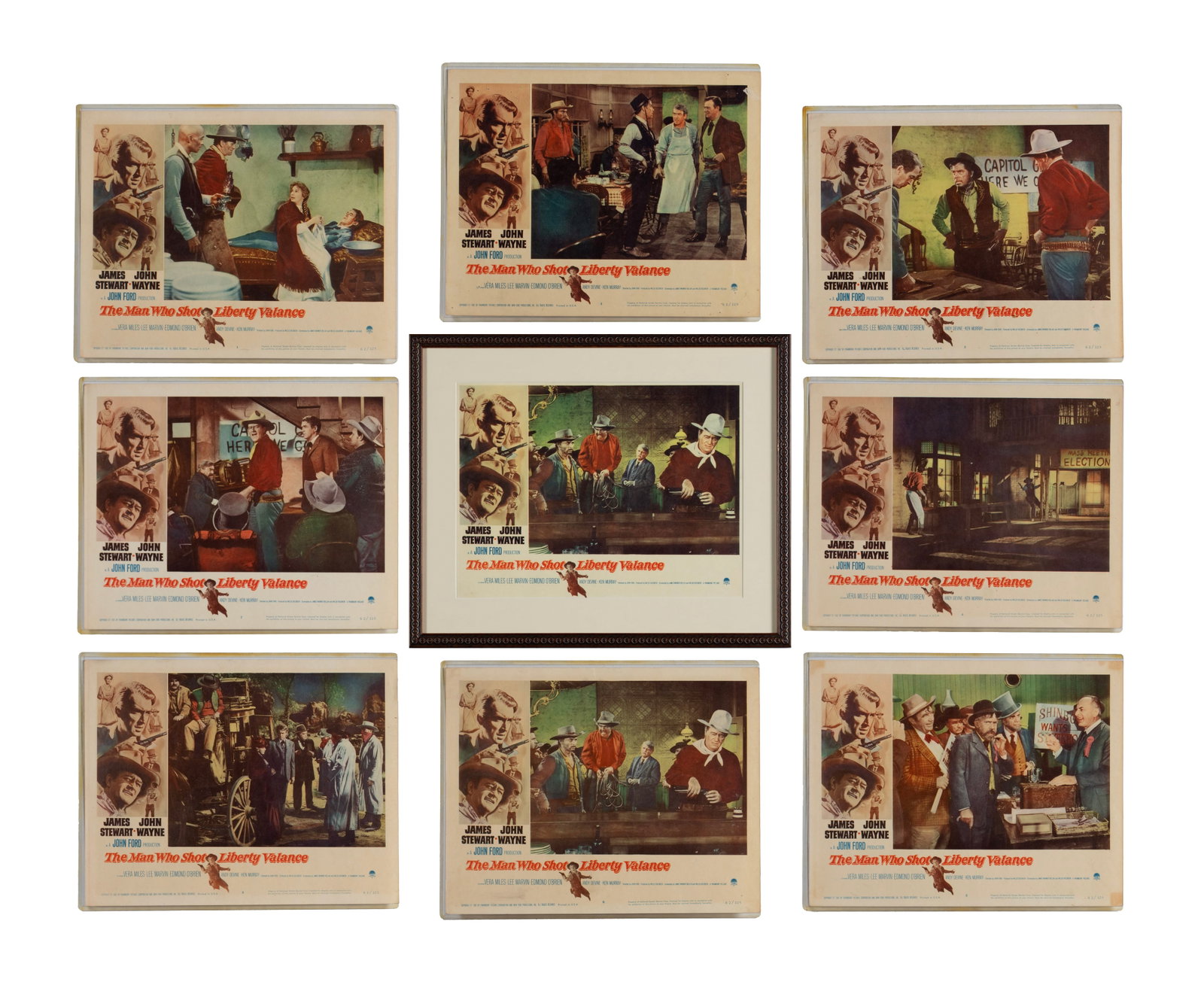 THE MAN WHO SHOT LIBERTY VALANCE FULL LOBBY CARD SET: THE MAN WHO SHOT LIBERTY VALANCE FULL LOBBY CARD SET Paramount, 1962. Full set of eight (8), plus one framed duplicate, nine (9) pieces total. Cards: 11 x 14 in. (27.9 x 35.6 cm.), Frame: 14 1/4 x 17 